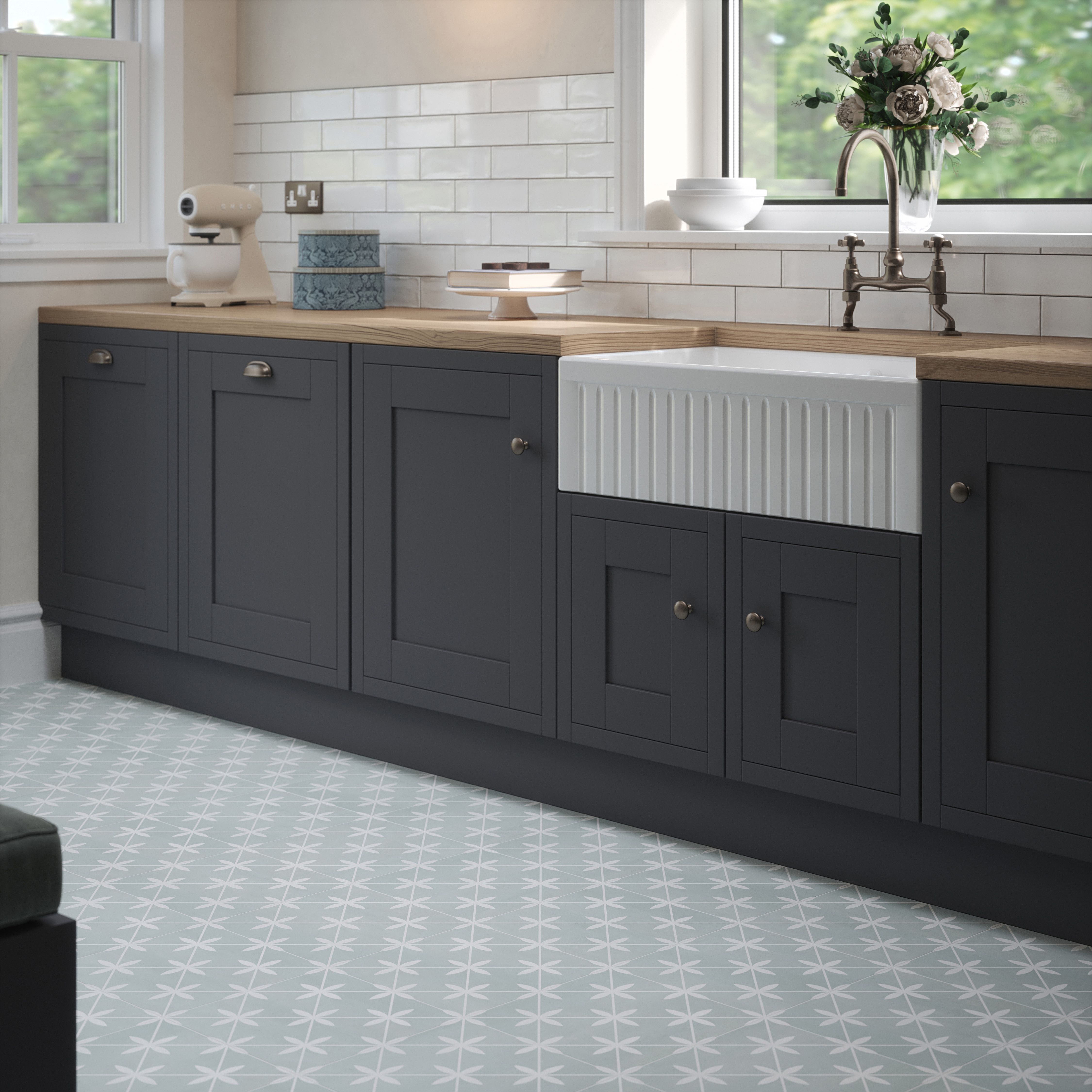 Laura Ashley Wicker Eau De Nil Matt Patterned Cement tile effect Ceramic Indoor Wall & floor tile, (L)300mm (W)300mm, 0.99m²