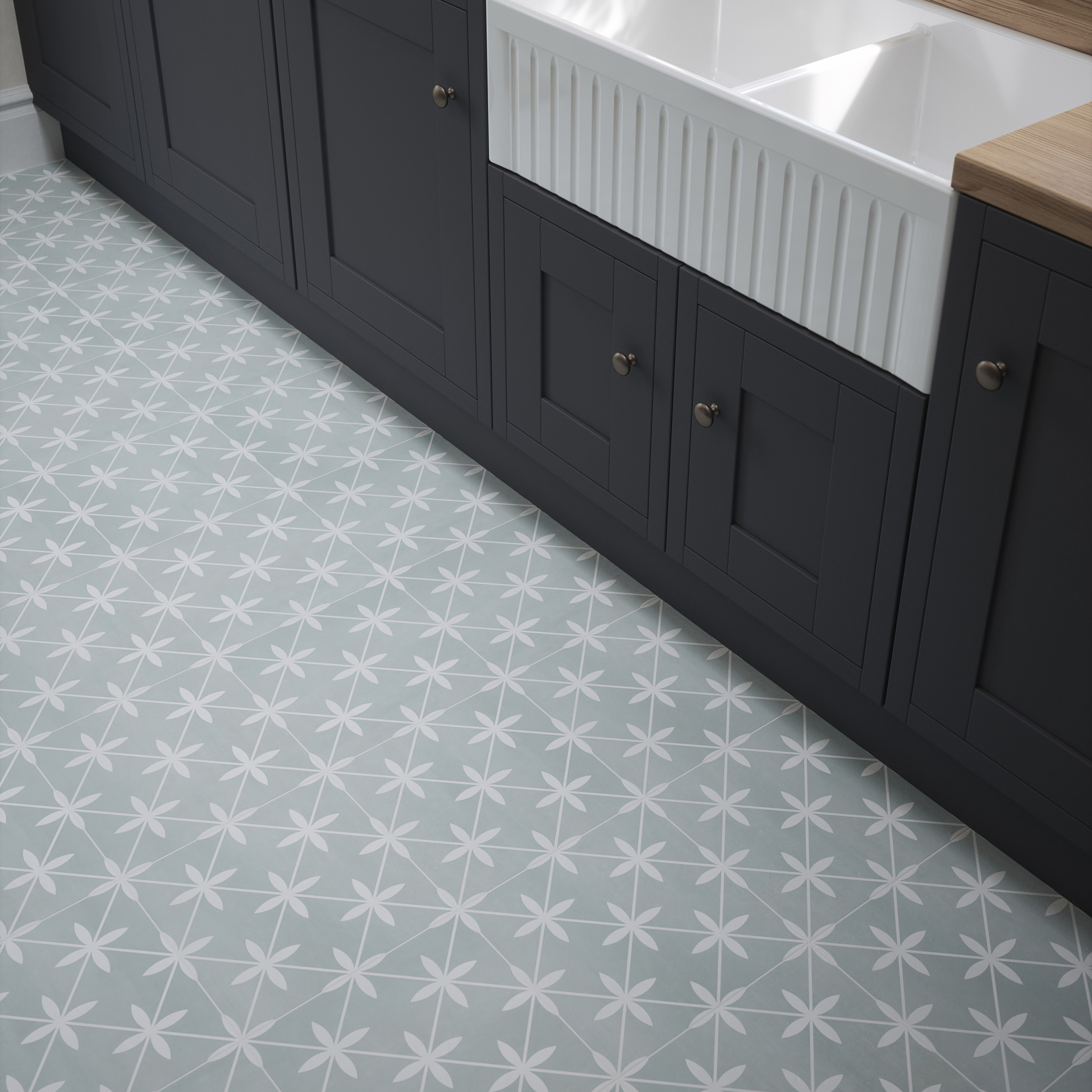 Laura Ashley Wicker Eau De Nil Matt Patterned Cement tile effect Ceramic Indoor Wall & floor tile, (L)300mm (W)300mm, 0.99m²