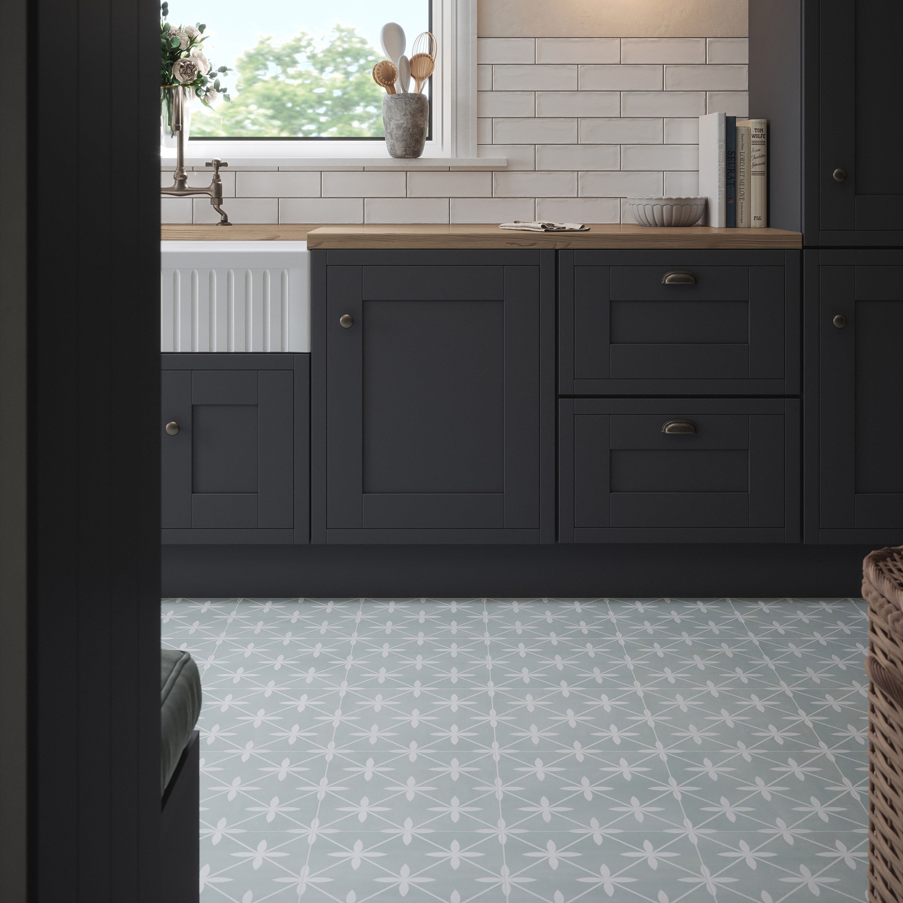 Laura Ashley Wicker Eau De Nil Matt Patterned Ceramic Wall & floor Tile Sample - 4