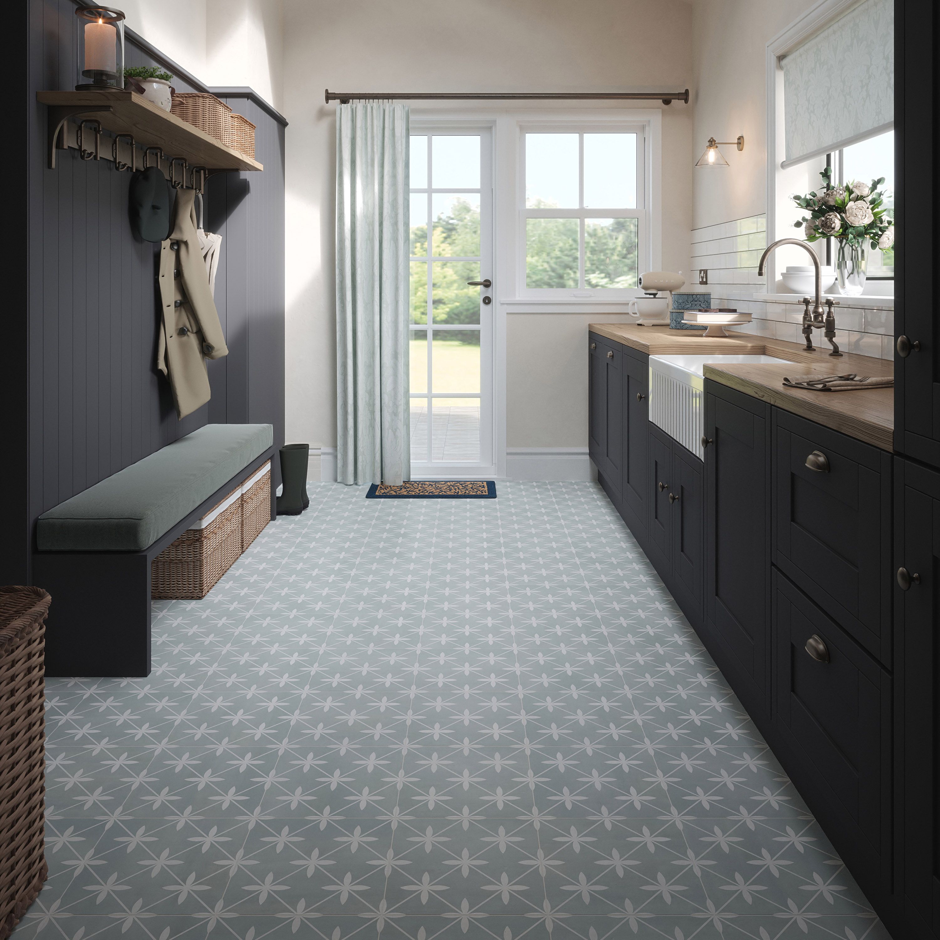 Laura Ashley Wicker Eau De Nil Matt Patterned Ceramic Wall & floor Tile Sample - 5