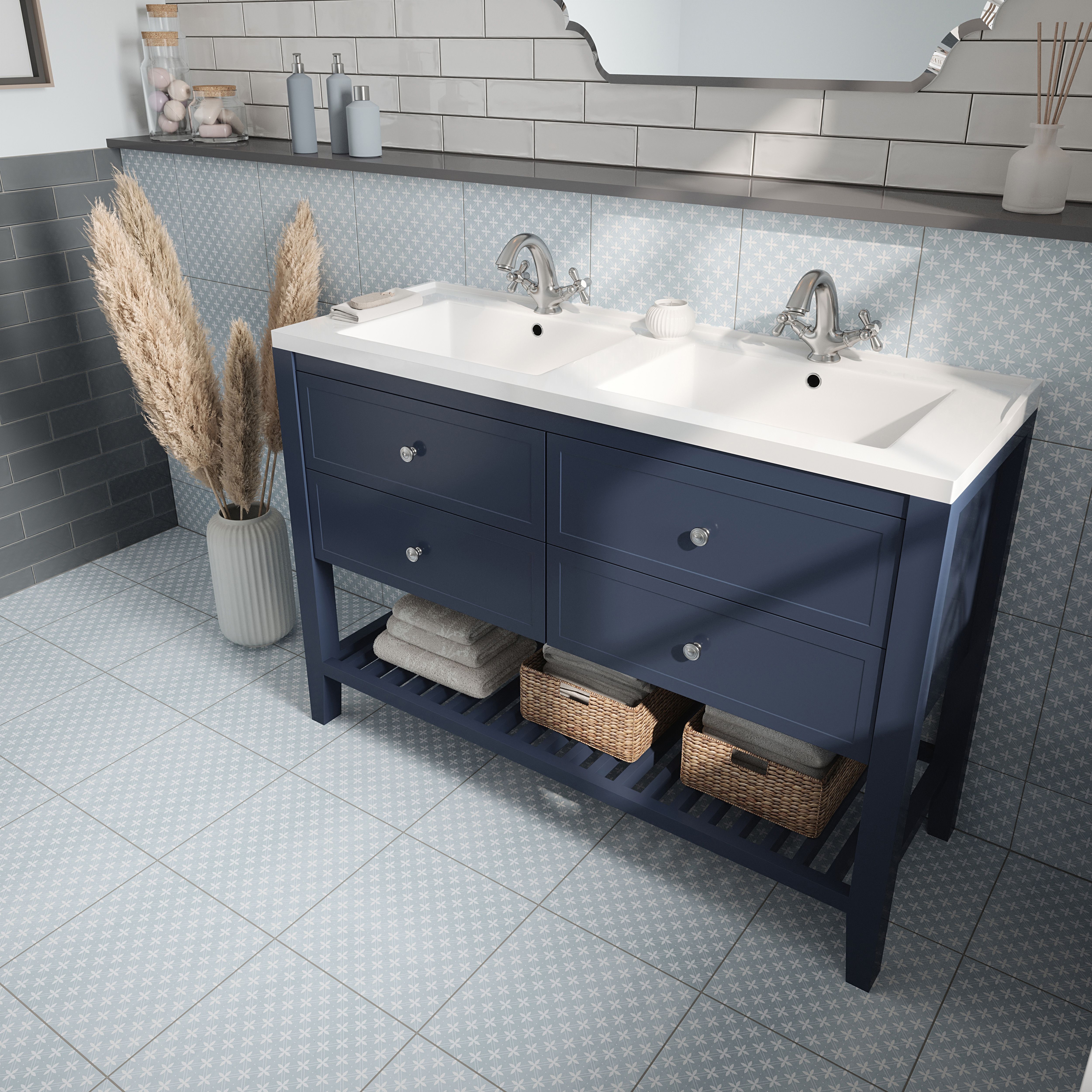 Laura Ashley Wickerwork Blue Matt Patterned Cement tile effect Ceramic Indoor Wall & floor tile, (L)300mm (W)300mm, 0.99m²
