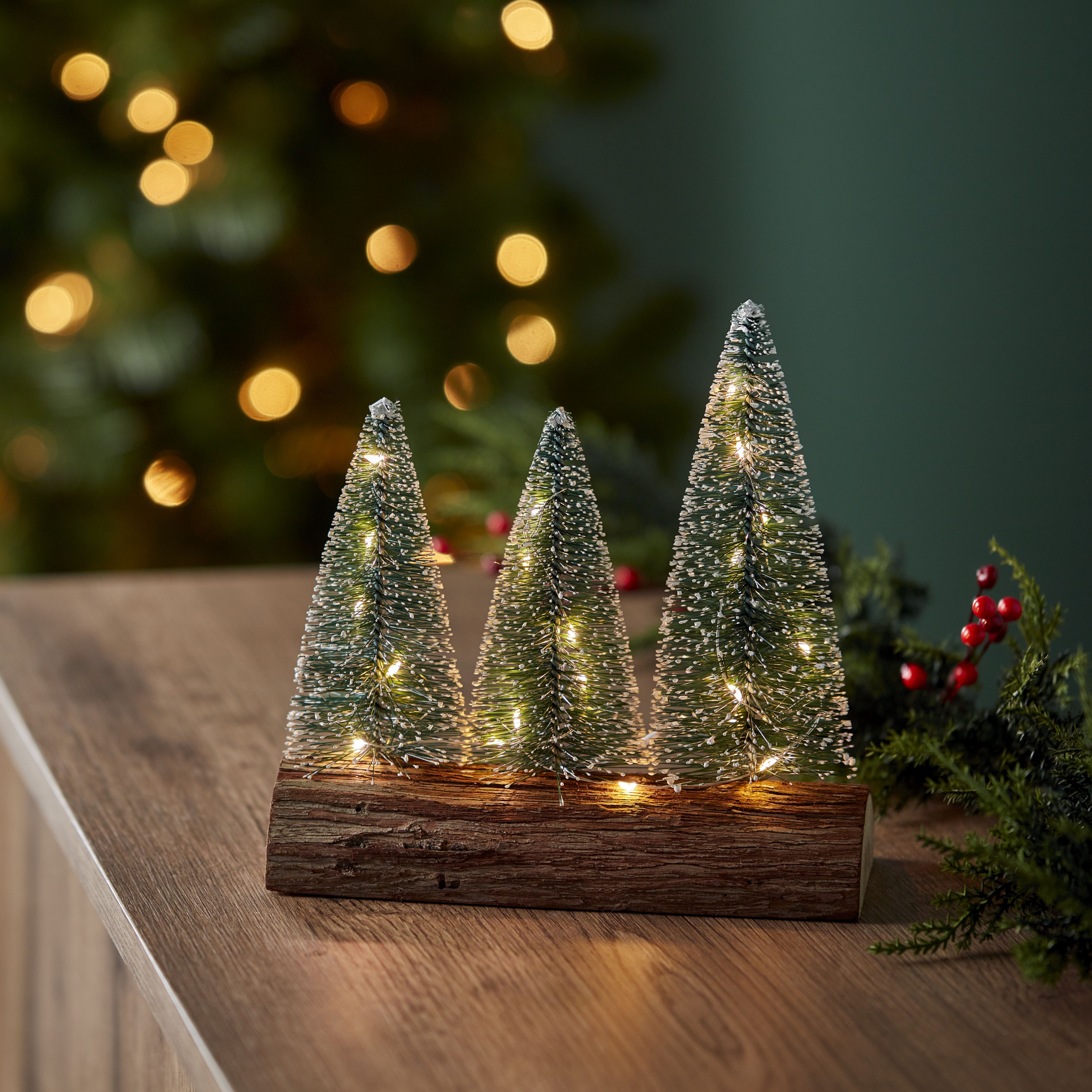 LED Wood Mini Tree Christmas decoration, Set of 1, (H)215mm - Green & brown