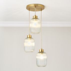 Lena Ribbed Brushed Glass & steel Gold effect 3 Lamp LED Ceiling light
