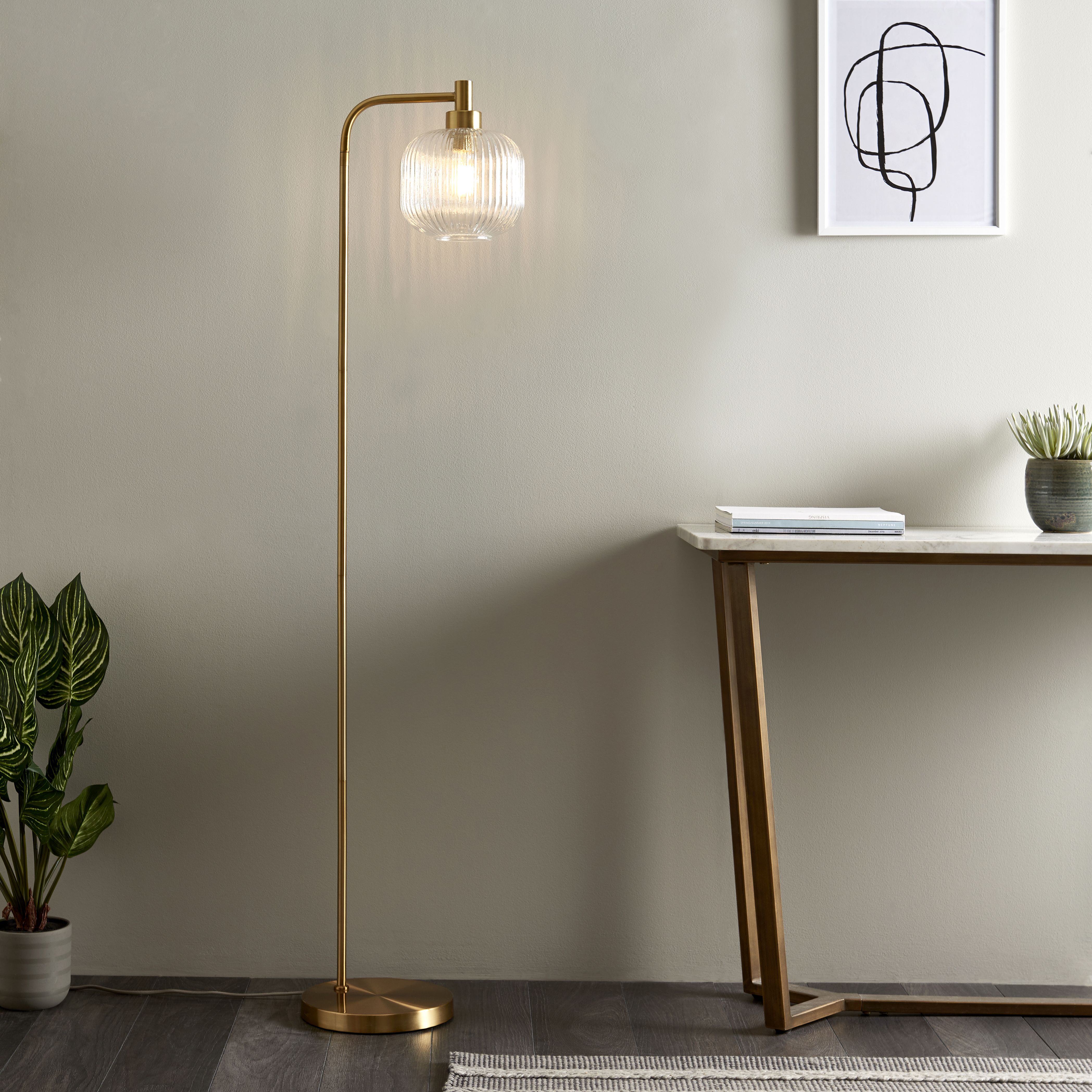 Lena Ribbed Satin Gold effect LED Floor lamp