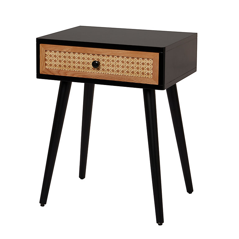 Leona Matt black rattan effect 1 Drawer Bedside table (H)580mm (W)350mm (D) 450mm | DIY at B&Q