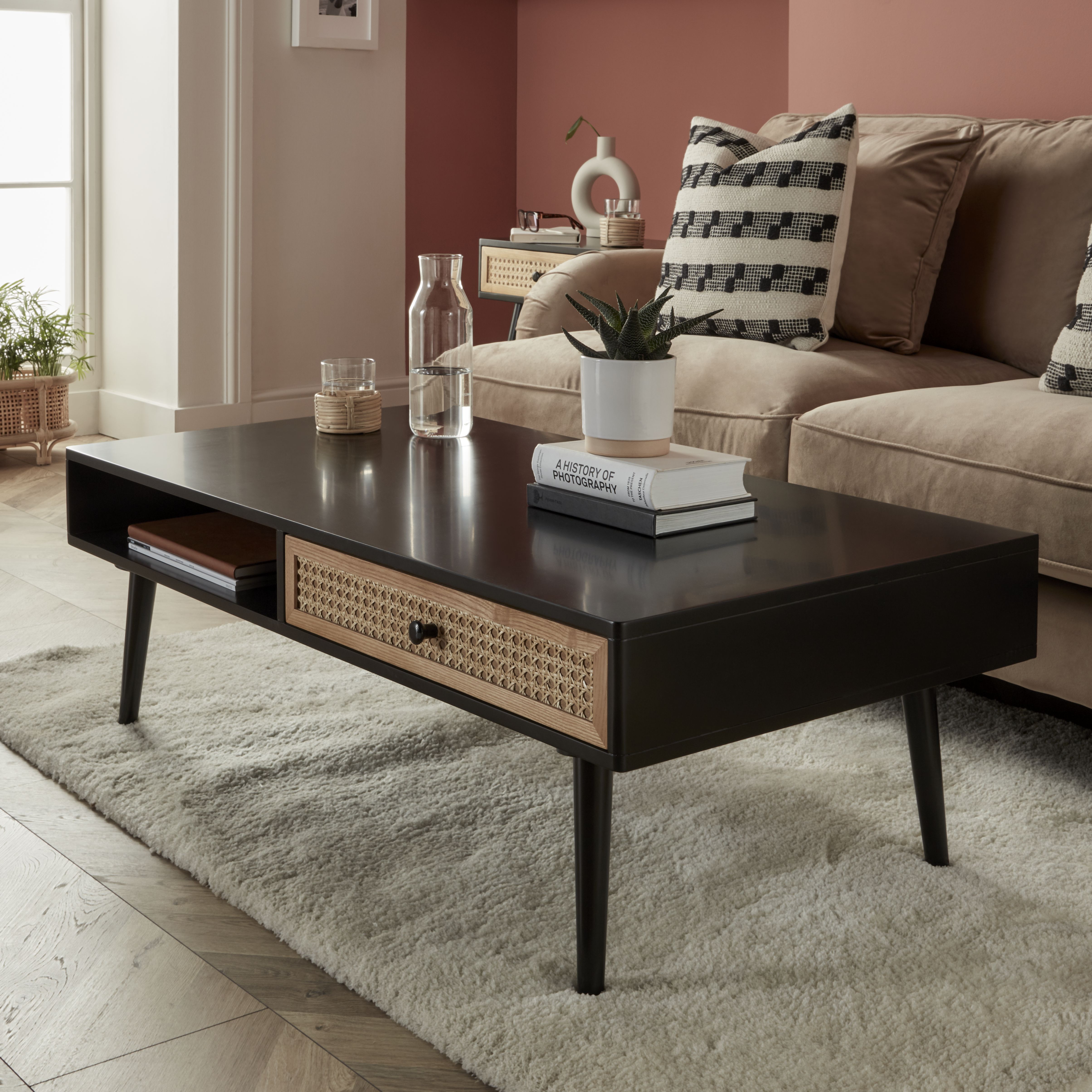 Leona Matt black rattan effect Coffee table (H)400mm (W)1150mm (D)600mm