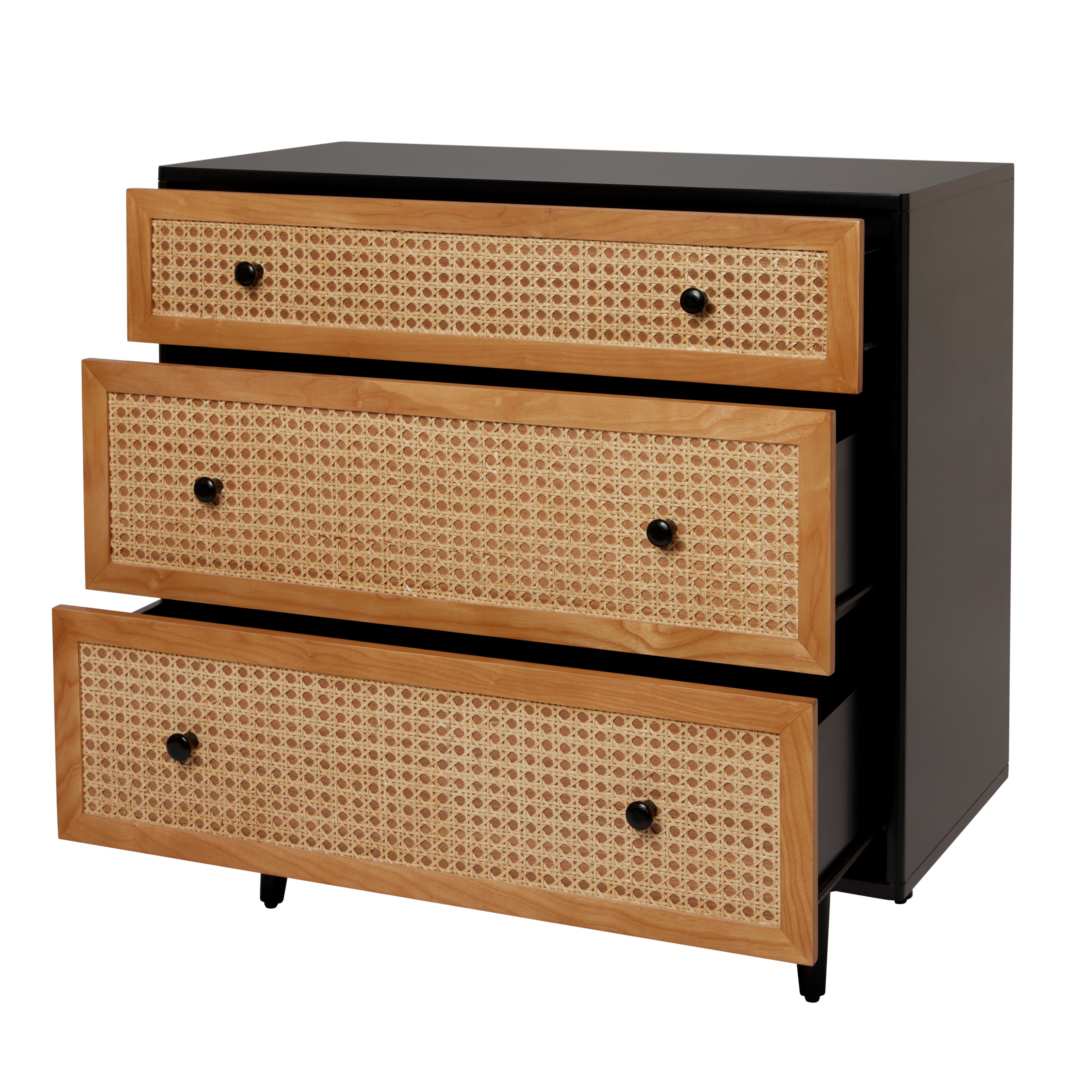 Leona Textured Matt black rattan effect MDF 3 Drawer Rattan Chest of drawers (H)780mm (W)800mm (D)400mm