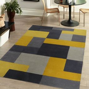 Lexus Grey & Yellow Block Medium Rug, (L)170cm x (W)120cm