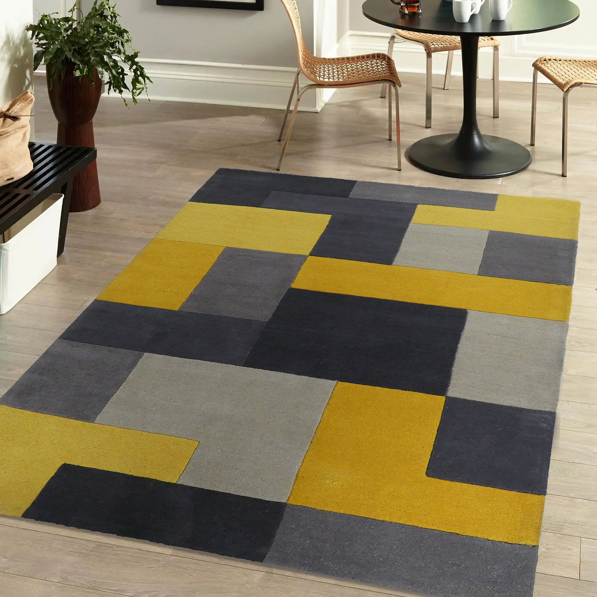 Lexus Grey & Yellow Block Small Rug, (L)150cm x (W)90cm