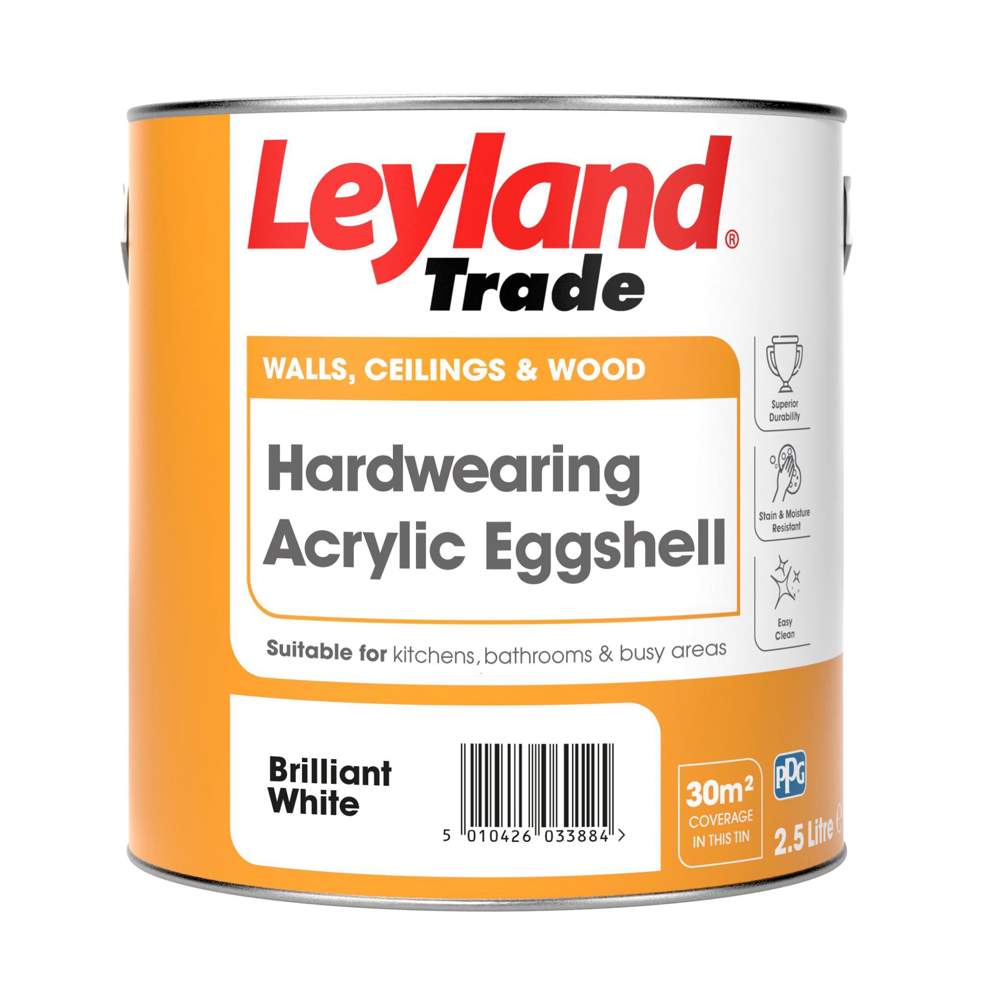 Leyland Trade Brilliant White Eggshell Emulsion paint, 2.5L DIY at B&Q