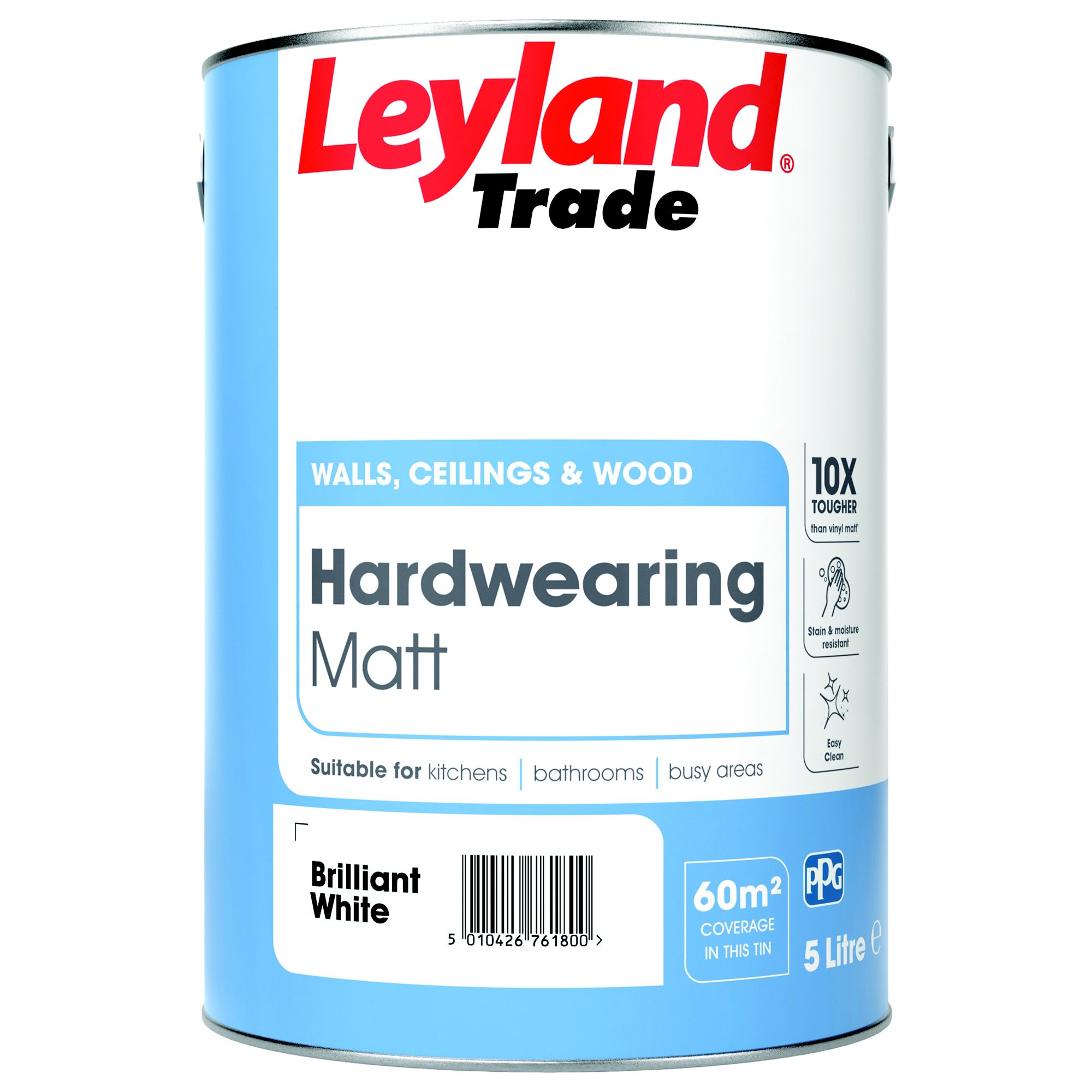Leyland Trade Brilliant White Matt Emulsion paint, 5L DIY at B&Q
