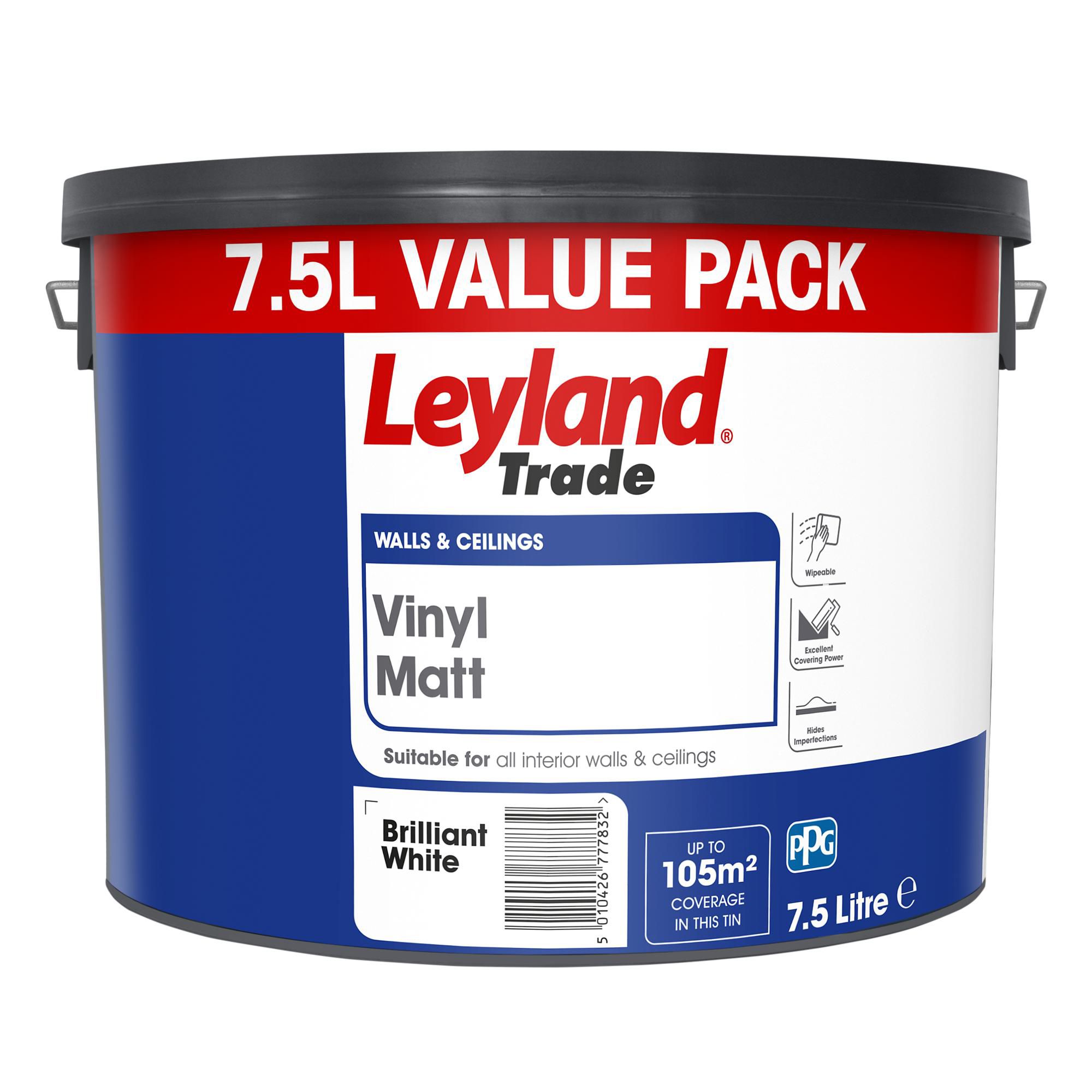 Leyland Trade Brilliant White Vinyl matt Emulsion paint, 7.5L DIY at B&Q