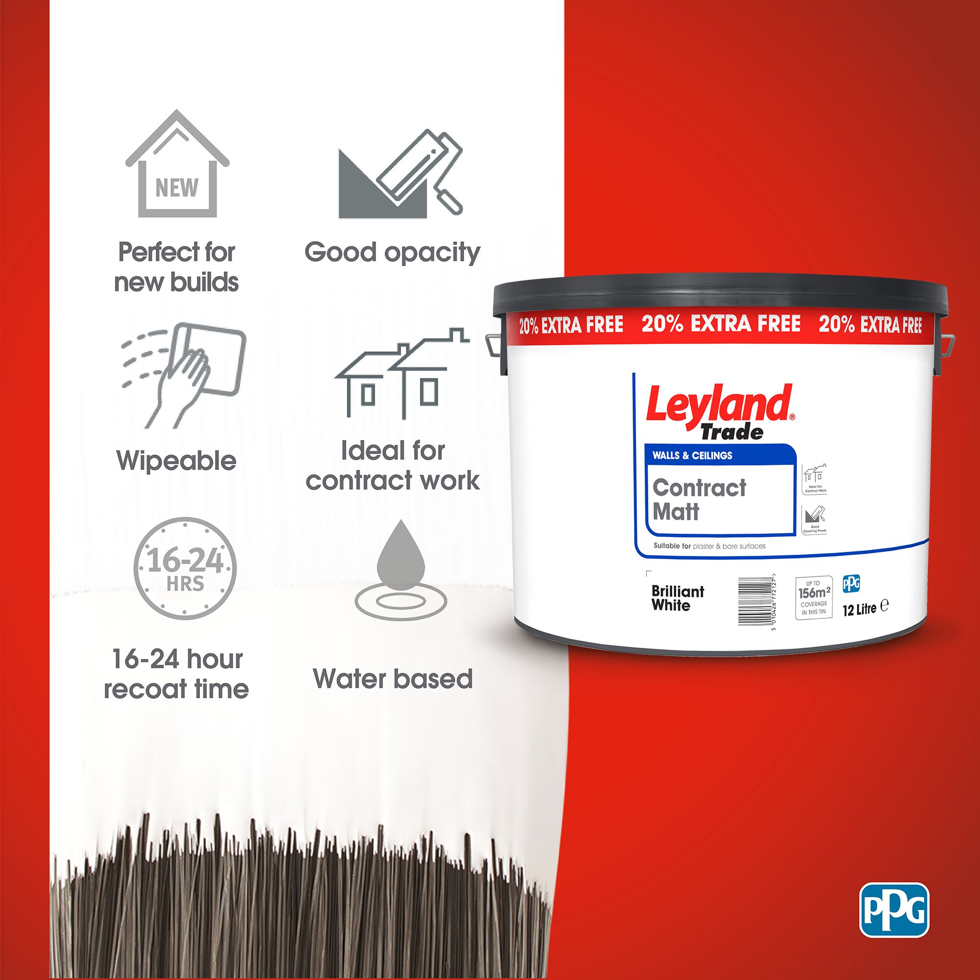 Leyland Trade Contract White Matt Wall & ceiling Emulsion paint, 12L