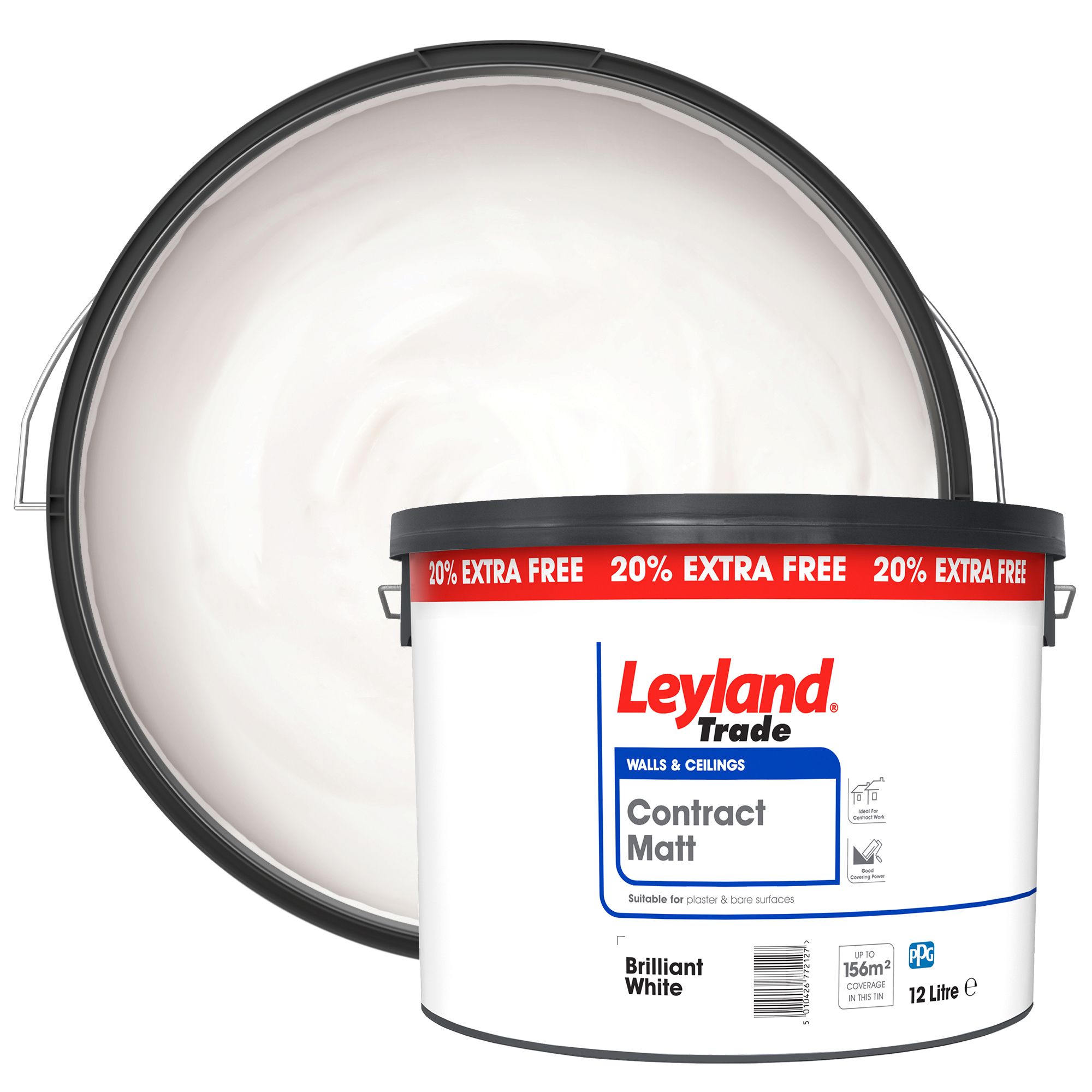 Leyland Trade Contract White Matt Wall & ceiling Emulsion paint, 12L