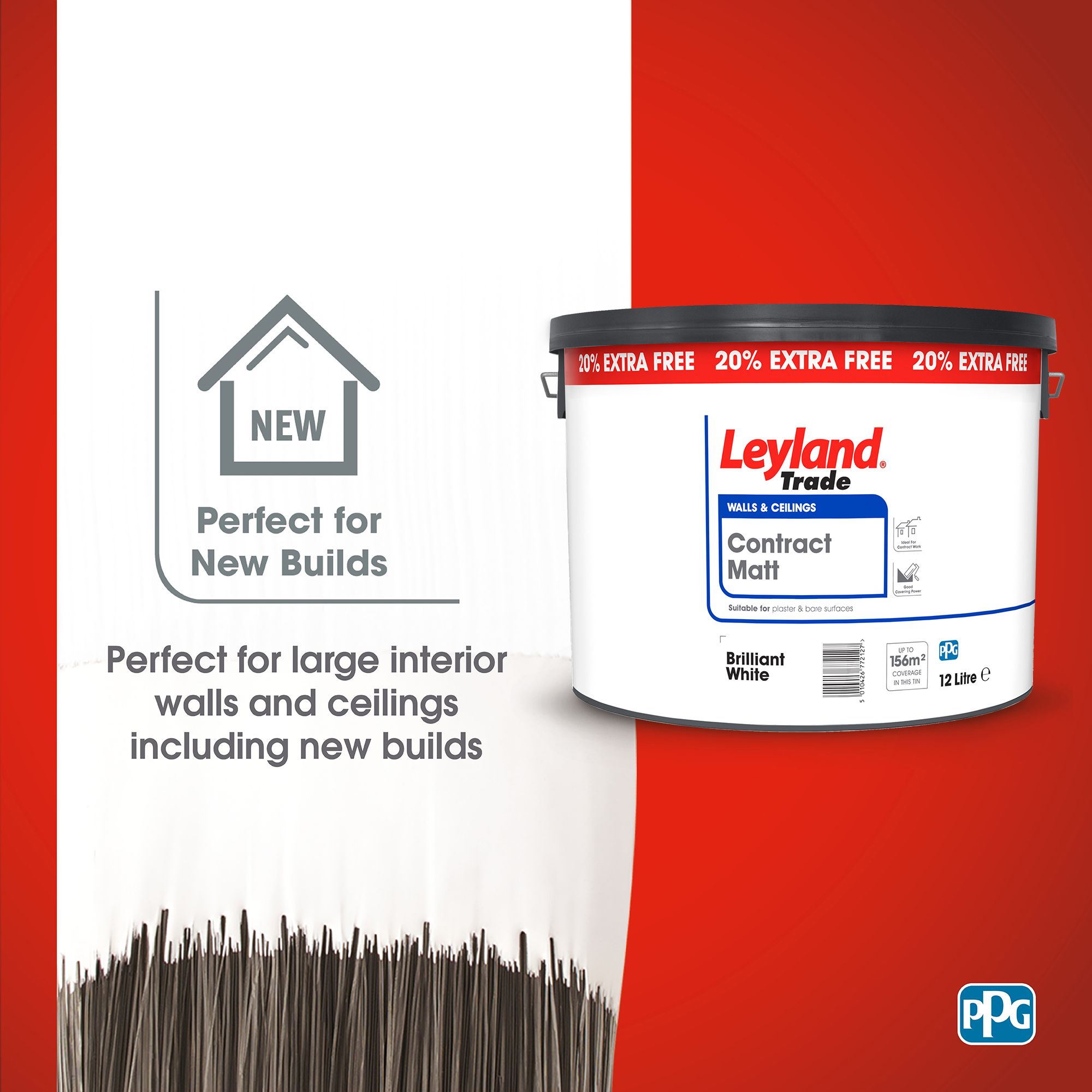 Leyland Trade Contract White Matt Wall & ceiling Emulsion paint, 12L