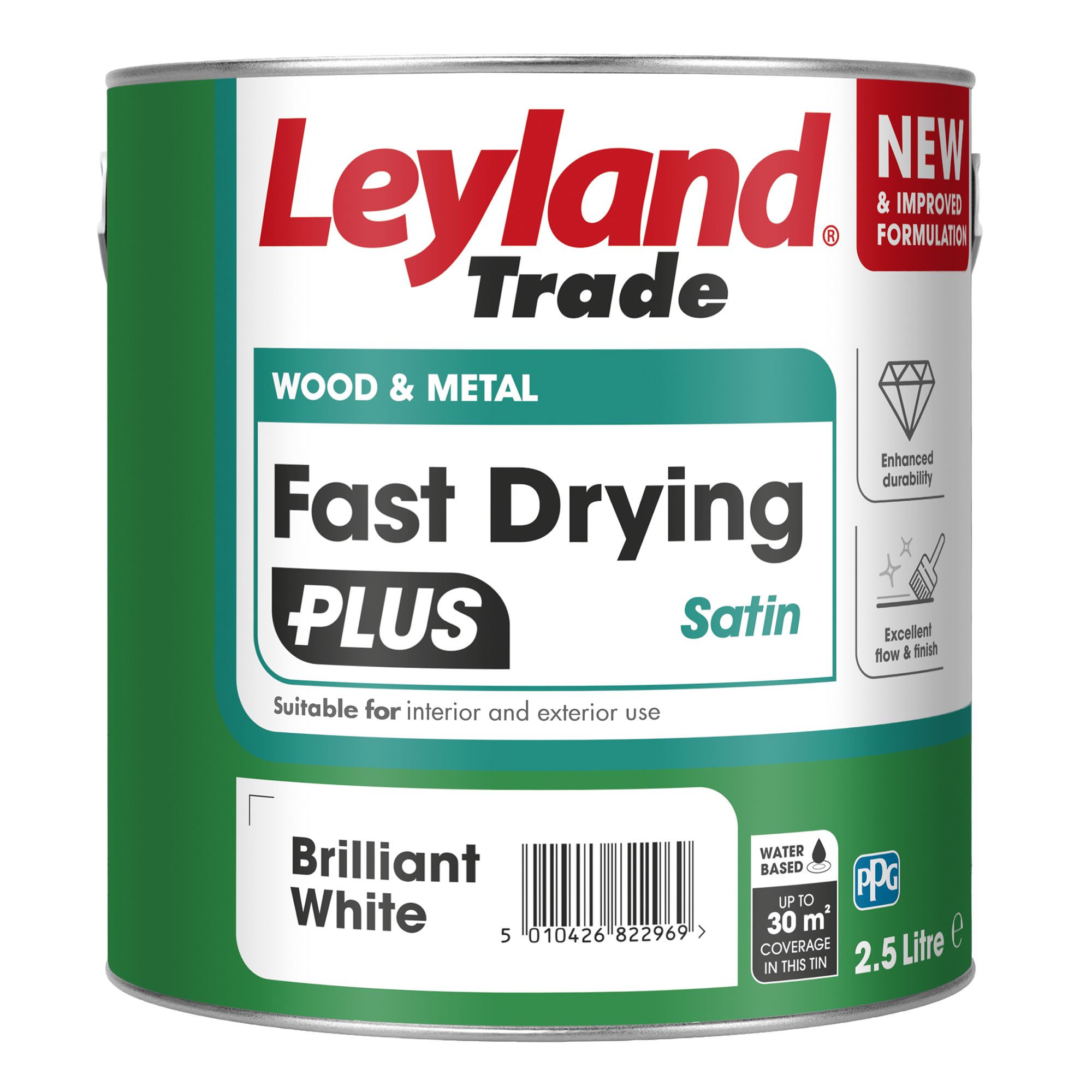 Leyland Trade Fast Dry Plus Brilliant White Satin Interior & exterior Metal & wood paint, 2.5L