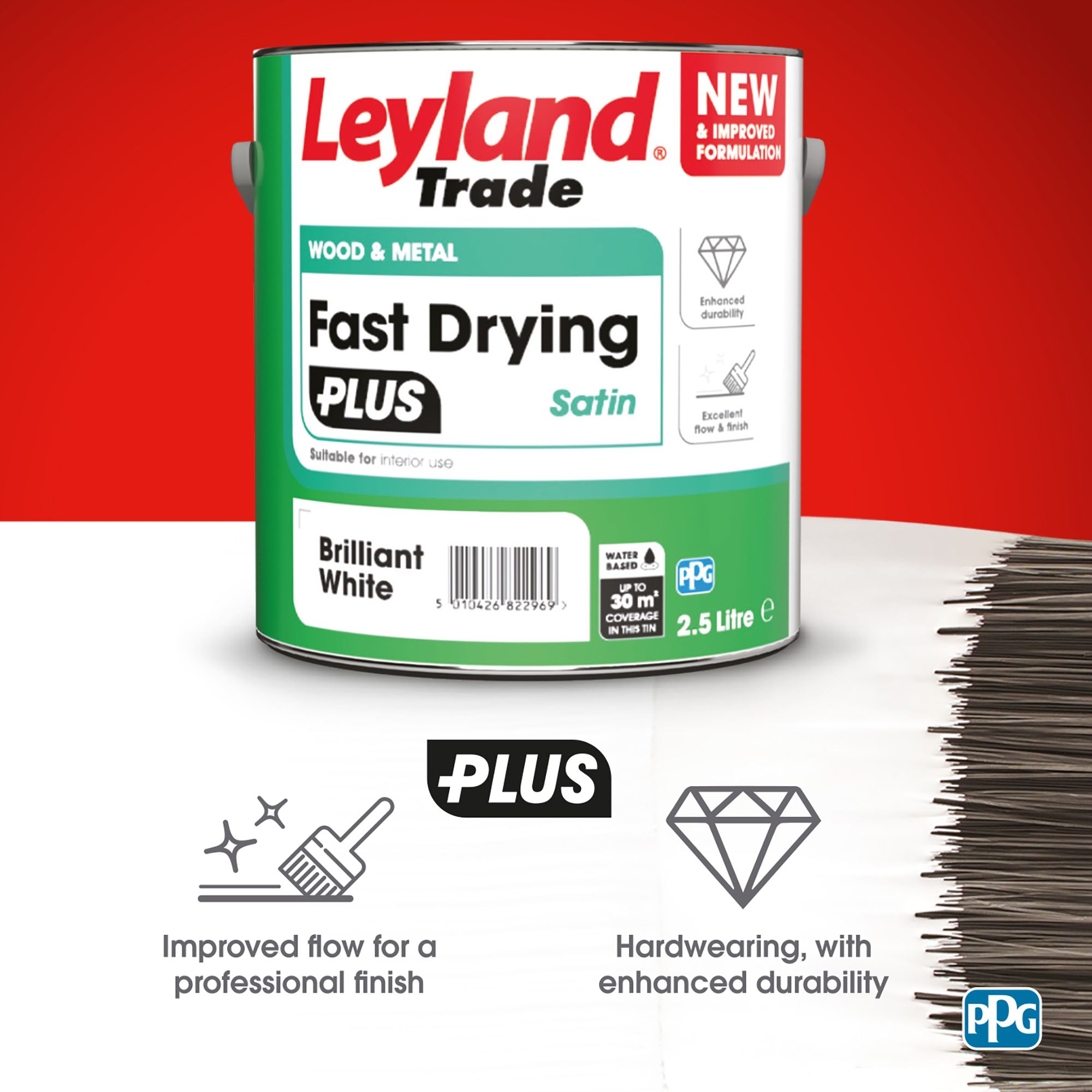 Leyland Trade Fast Dry Plus Brilliant White Satin Interior & exterior Metal & wood paint, 2.5L
