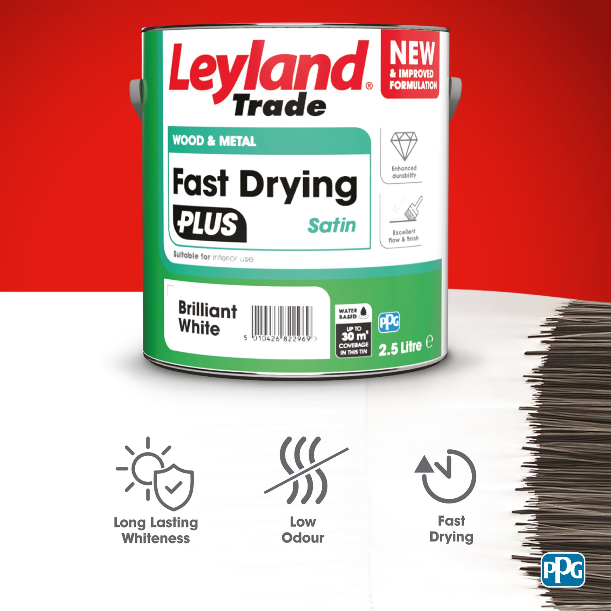 Leyland Trade Fast Dry Plus Brilliant White Satin Interior & exterior Metal & wood paint, 2.5L