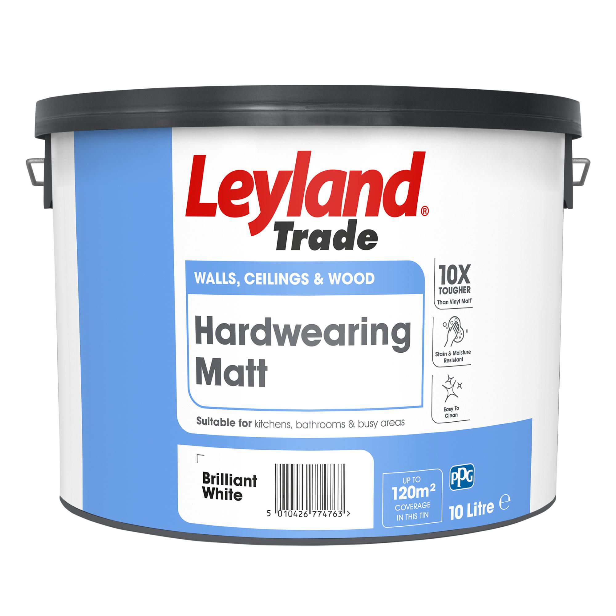 Leyland Trade Hardwearing Brilliant White Matt Emulsion paint, 10L