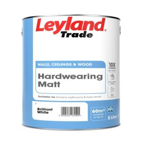 Leyland Trade Hardwearing Brilliant White Matt Emulsion paint, 5L