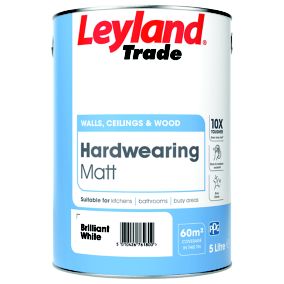 Leyland Trade Hardwearing Brilliant White Matt Emulsion paint, 5L