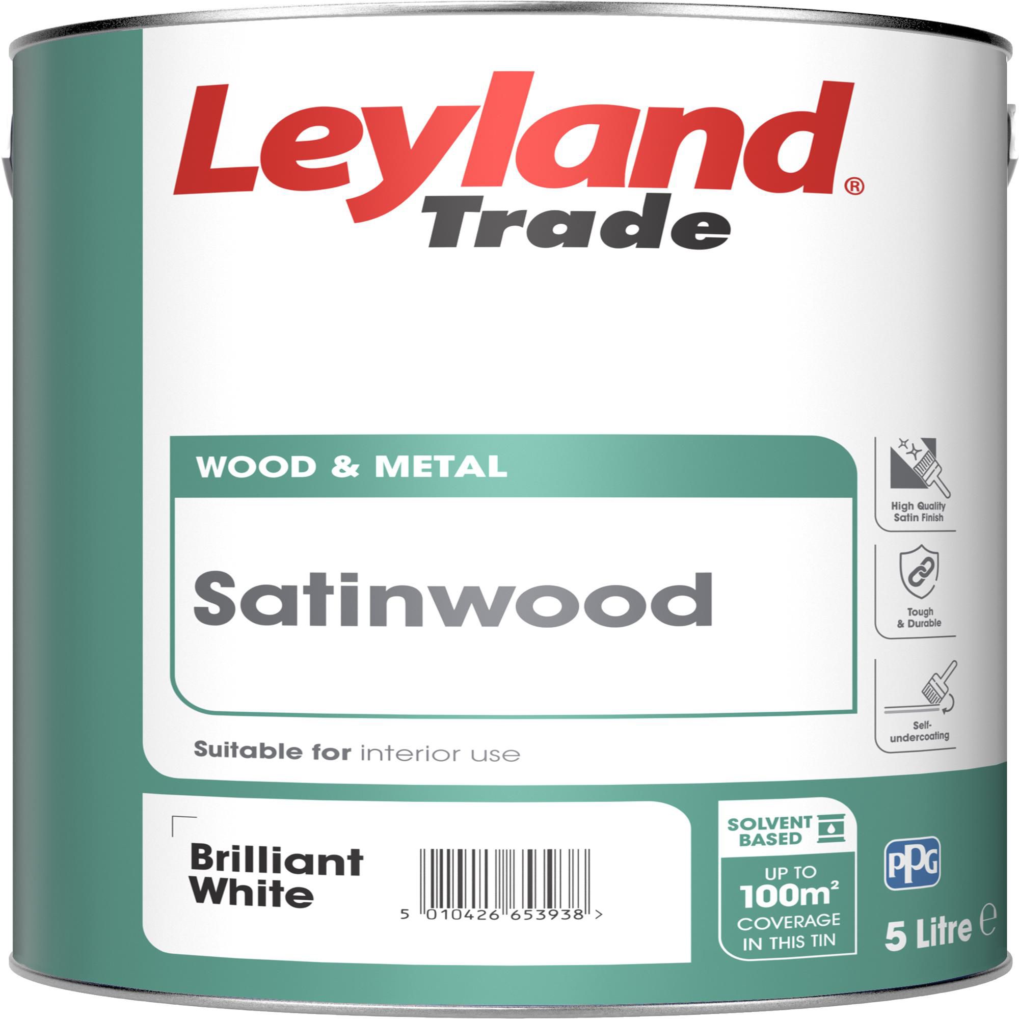 Leyland Trade Pure brilliant white Satinwood Interior & exterior Metal & wood paint, 5L