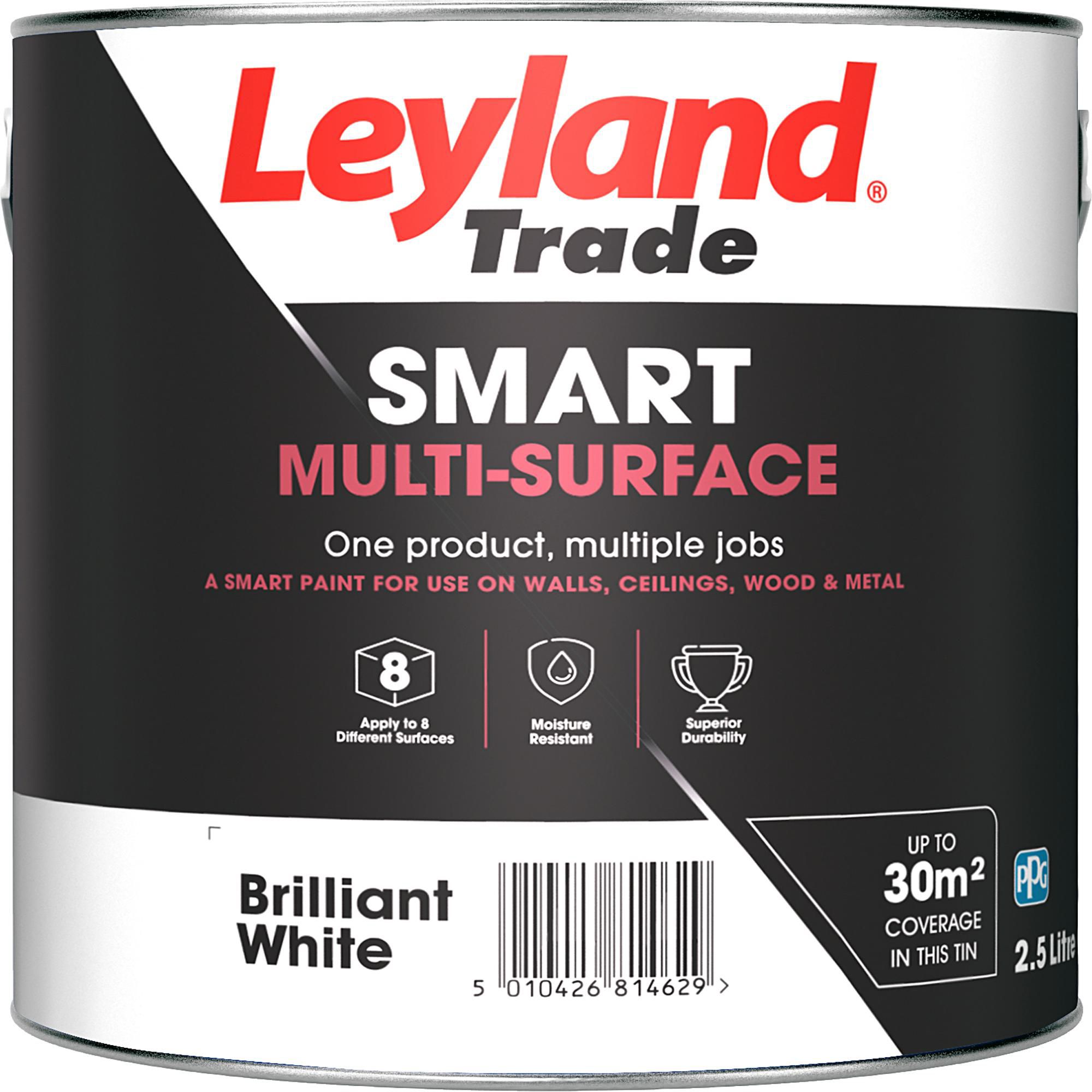 Leyland Trade Smart Brilliant white Mid sheen Multi-surface paint, 2.5L