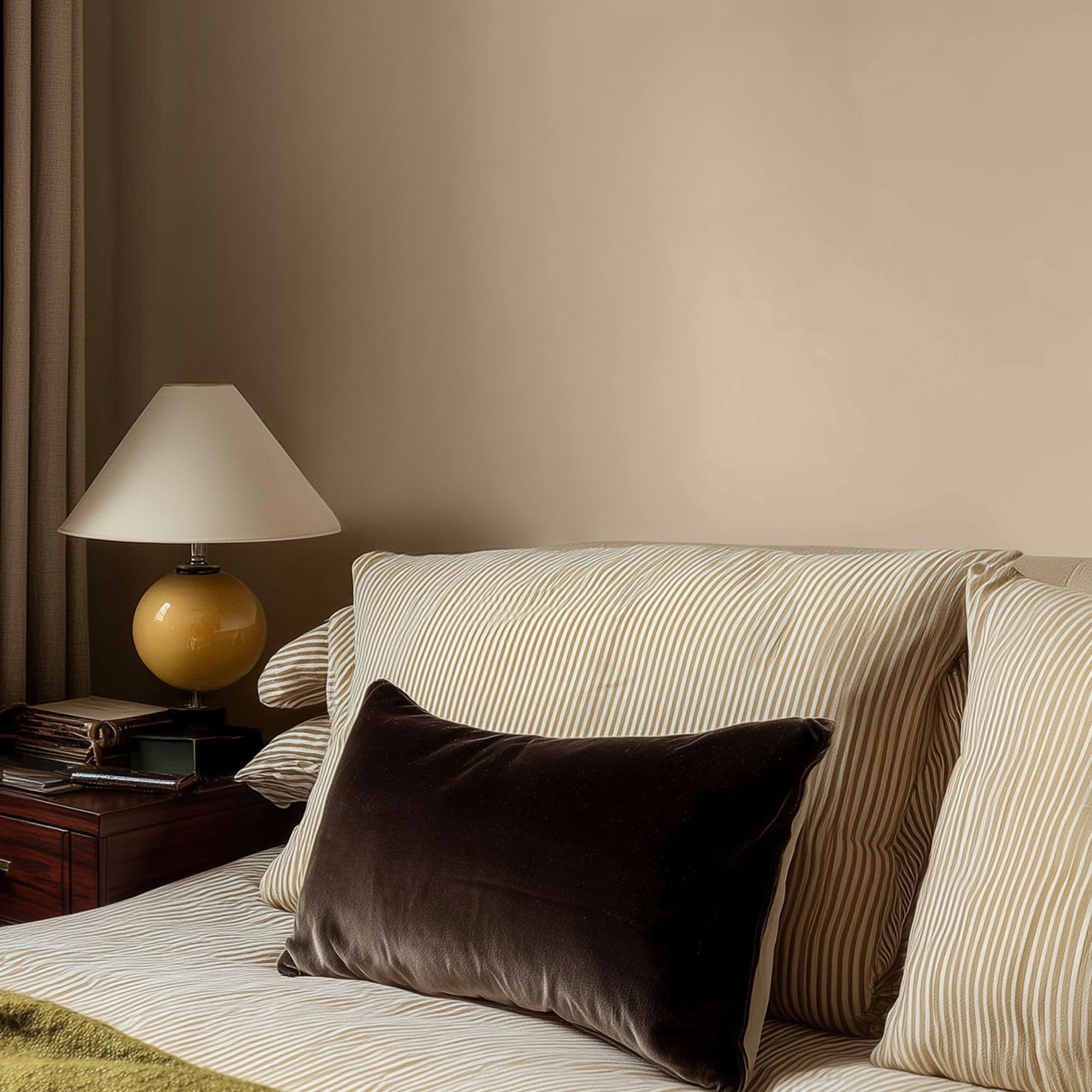 Bedroom with Lick Beige 02 painted walls in a warm neutral tone, featuring a striped duvet and pillows, a dark accent cushion, and a bedside table with a ceramic lamp and stacked books, softly lit for a cosy, relaxed feel.
