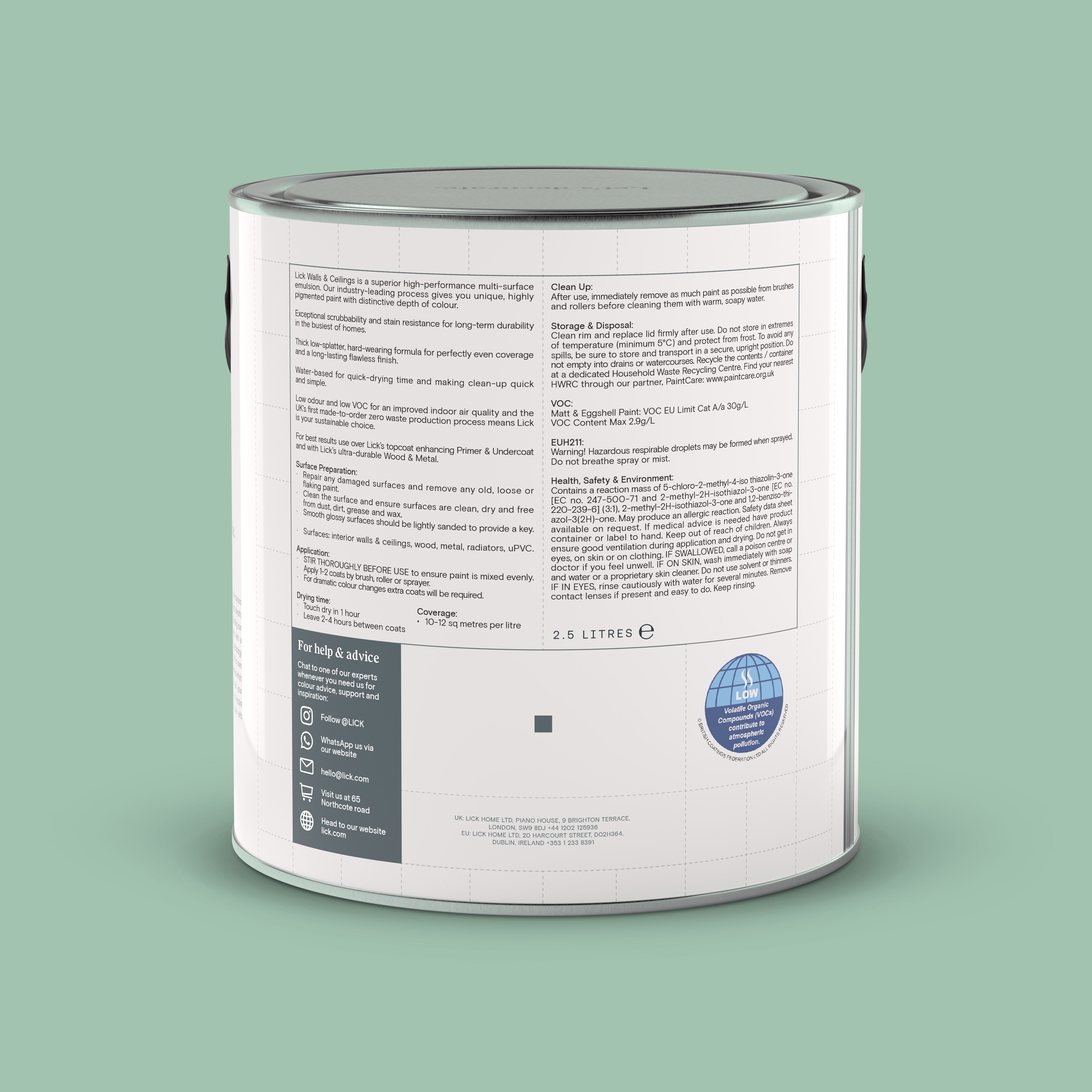 Lick Green 08 Matt Wall & ceiling Emulsion paint, 2.5L