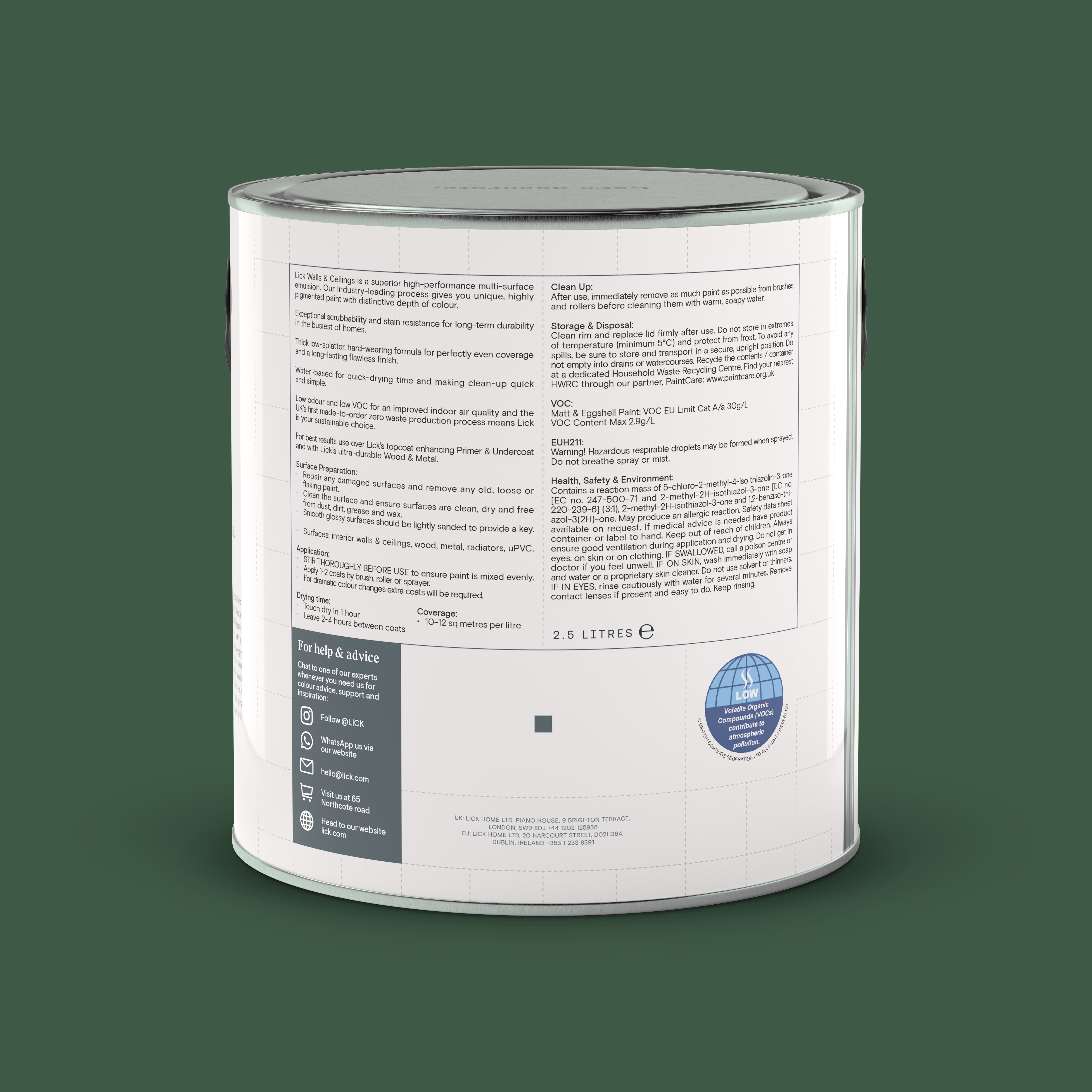 Lick Green 20 Eggshell Emulsion paint, 2.5L