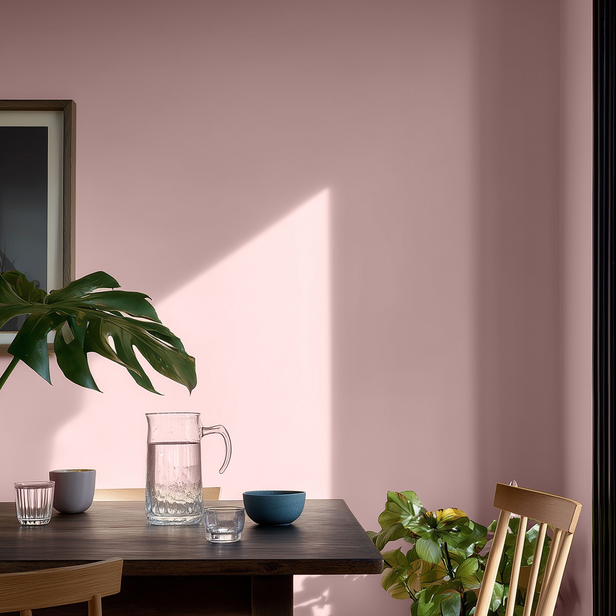 Dining area with Lick Pink 05 painted walls in a soft blush tone, featuring a dark wood table styled with glassware and ceramics, wooden chairs, indoor plants, and natural light casting soft shadows across the wall.