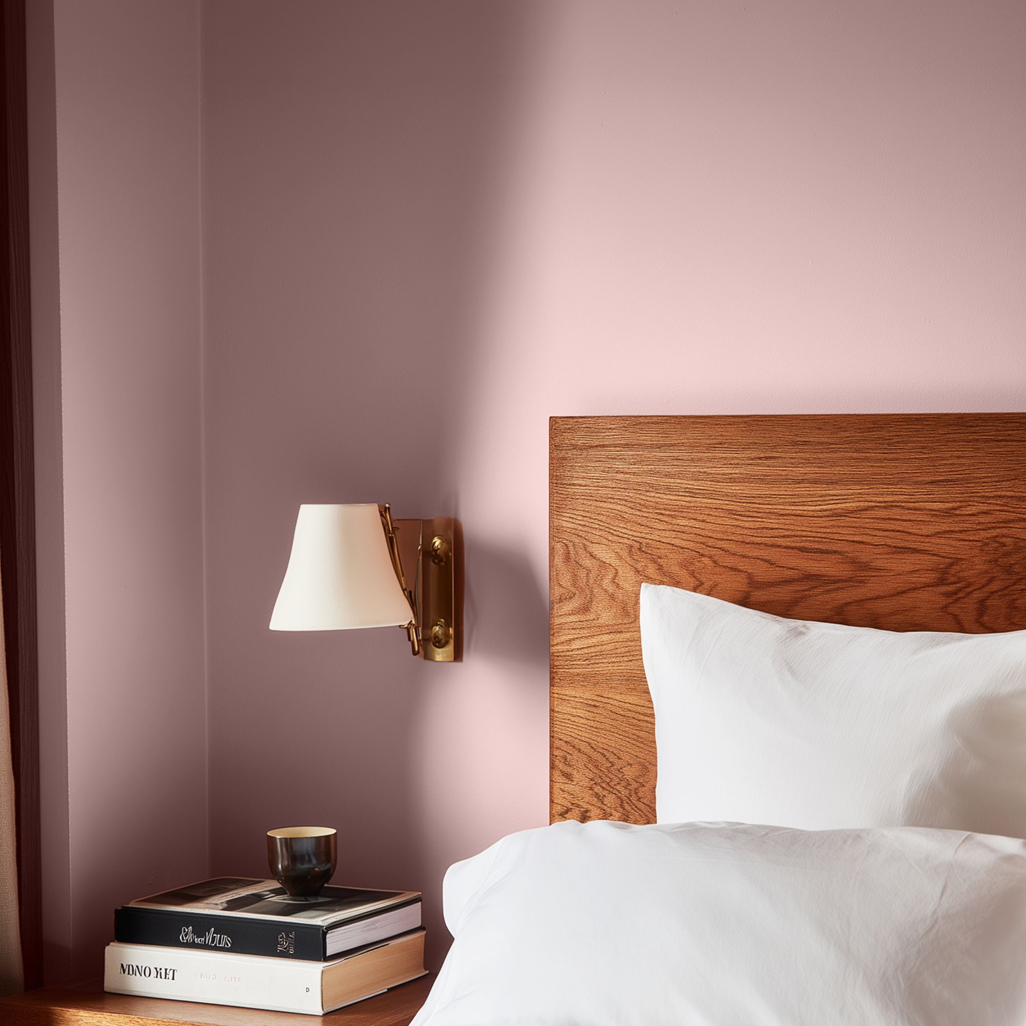 Bedroom detail with Lick Pink 05 painted walls in a soft blush tone, featuring a wooden headboard, white bedding, a brass wall-mounted lamp, and a bedside table with stacked books and a glass, softly lit for a warm, calming feel.