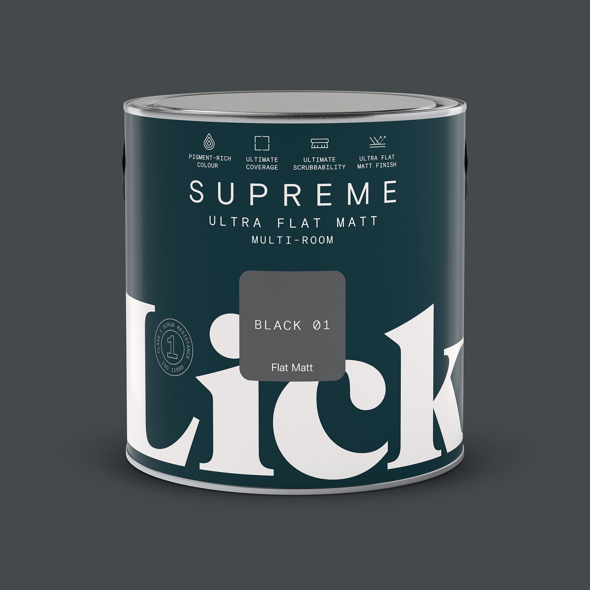 Lick Supreme Black 01 Flat matt Multi-surface Emulsion paint, 2.5L