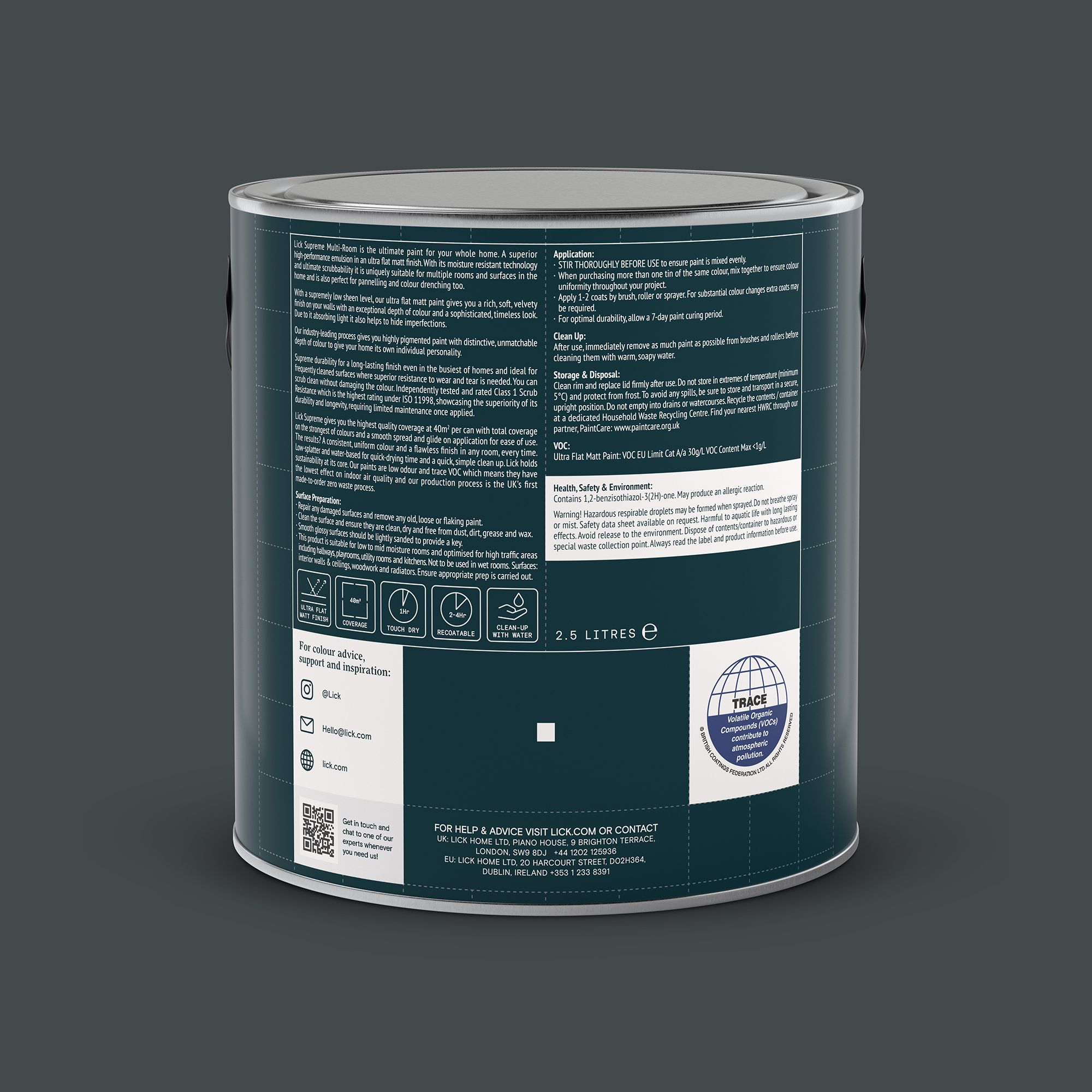 Lick Supreme Black 01 Flat matt Multi-surface Emulsion paint, 2.5L
