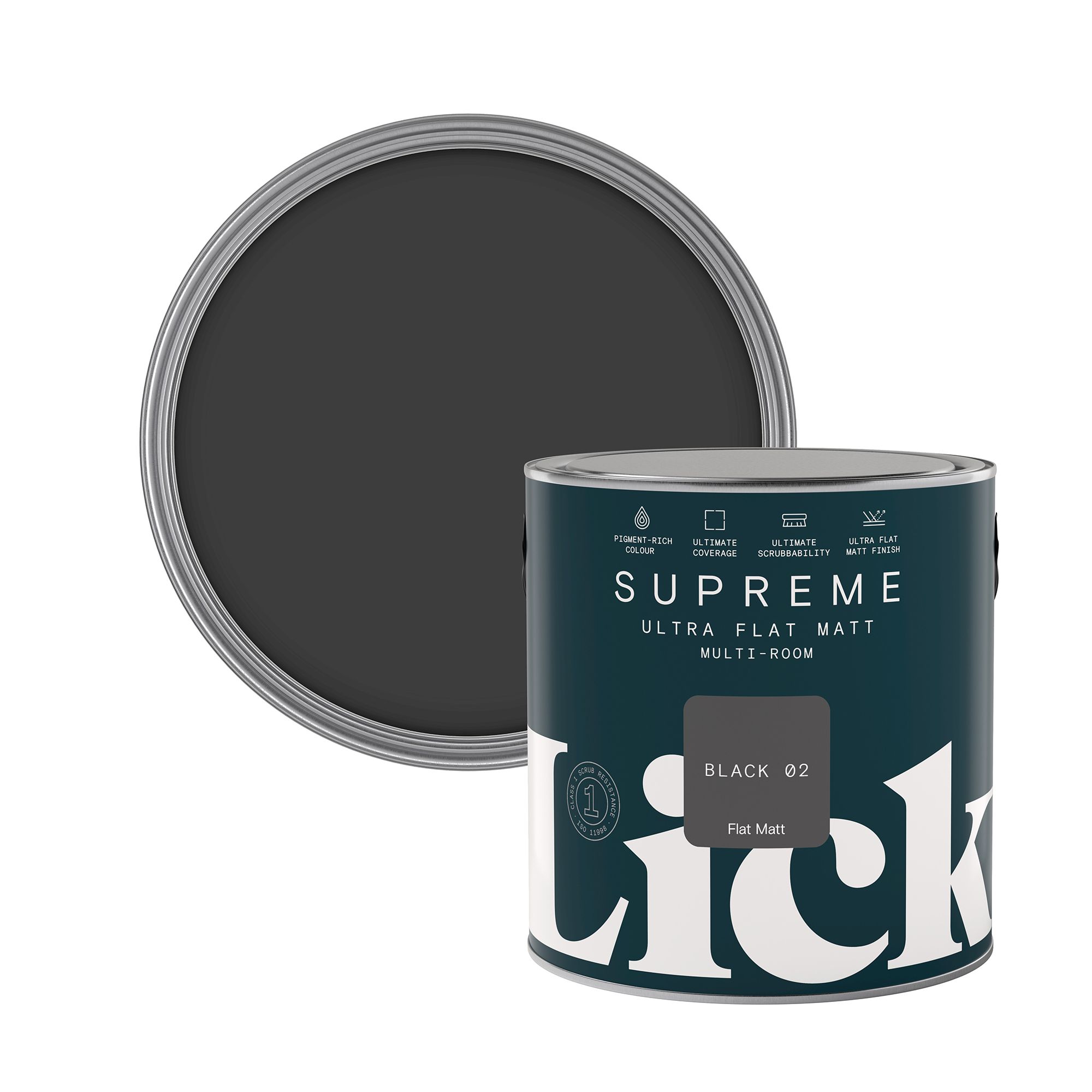 Lick Supreme Black 02 Flat matt Multi-surface Emulsion paint, 2.5L