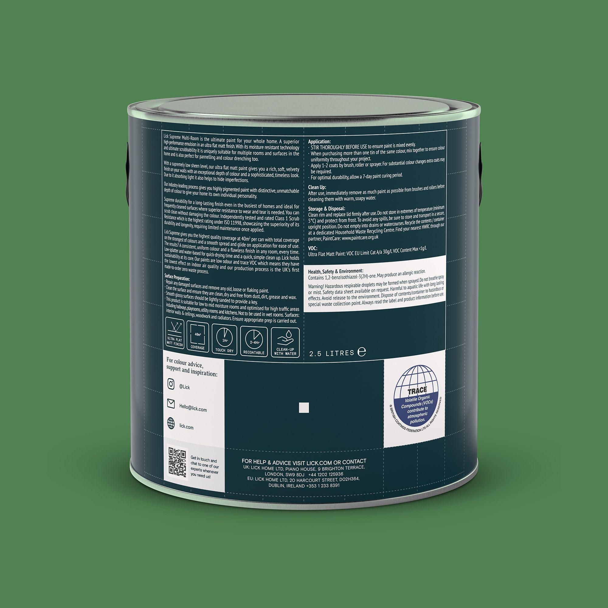 Lick Supreme Green 07 Flat matt Multi-surface Emulsion paint, 2.5L