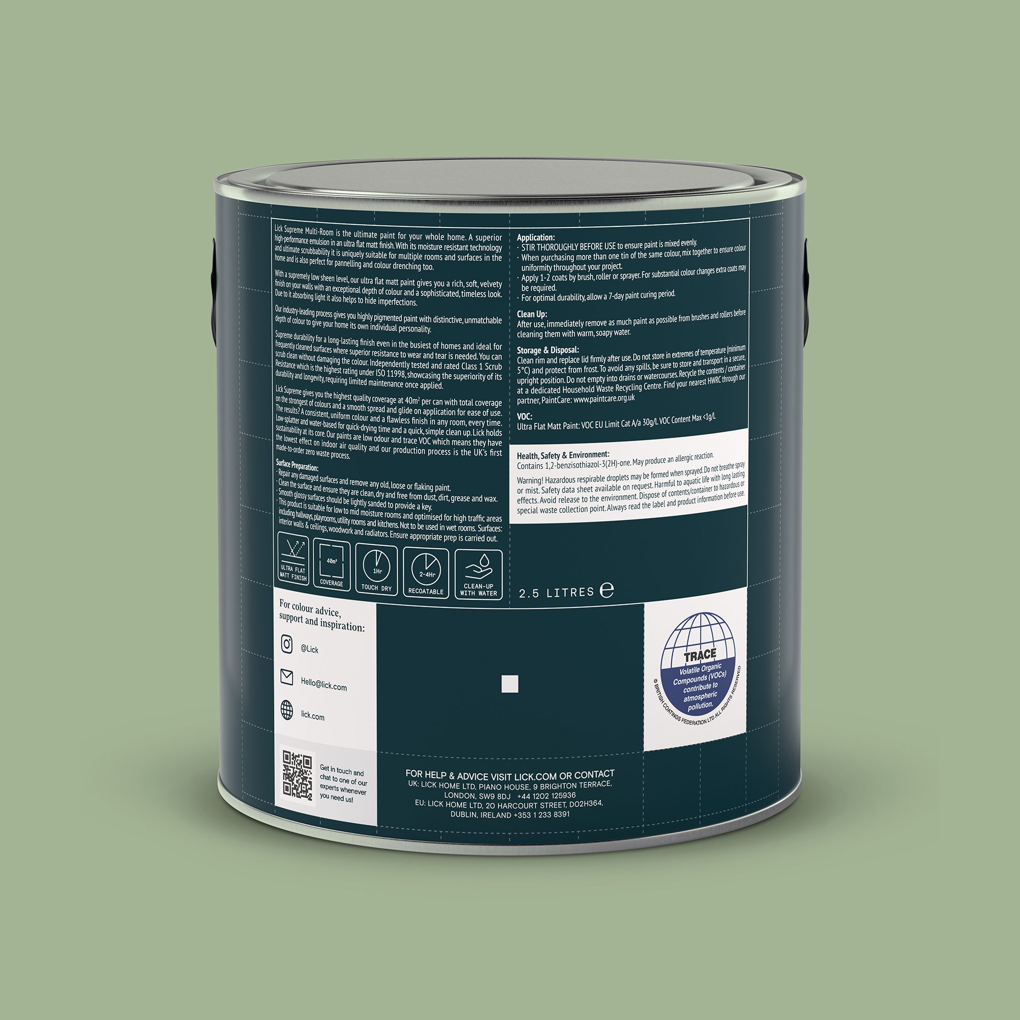 Lick Supreme Green 14 Flat matt Multi-surface Emulsion paint, 2.5L