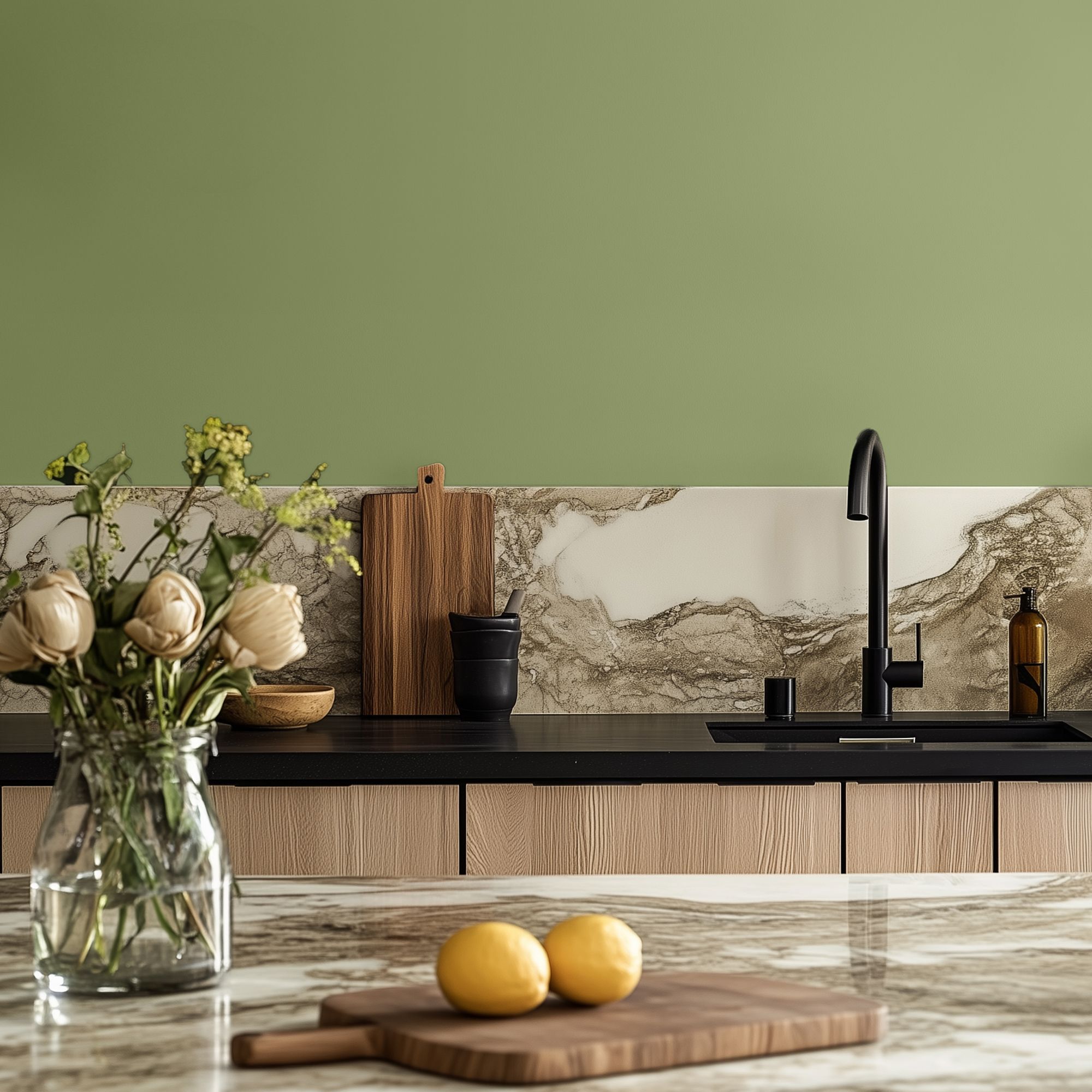 Kitchen scene with Lick Green 18 painted walls, featuring a marble-effect splashback, black tap and sink, wooden cabinets, and styled worktop with chopping boards, glass vase of flowers, and kitchen accessories.