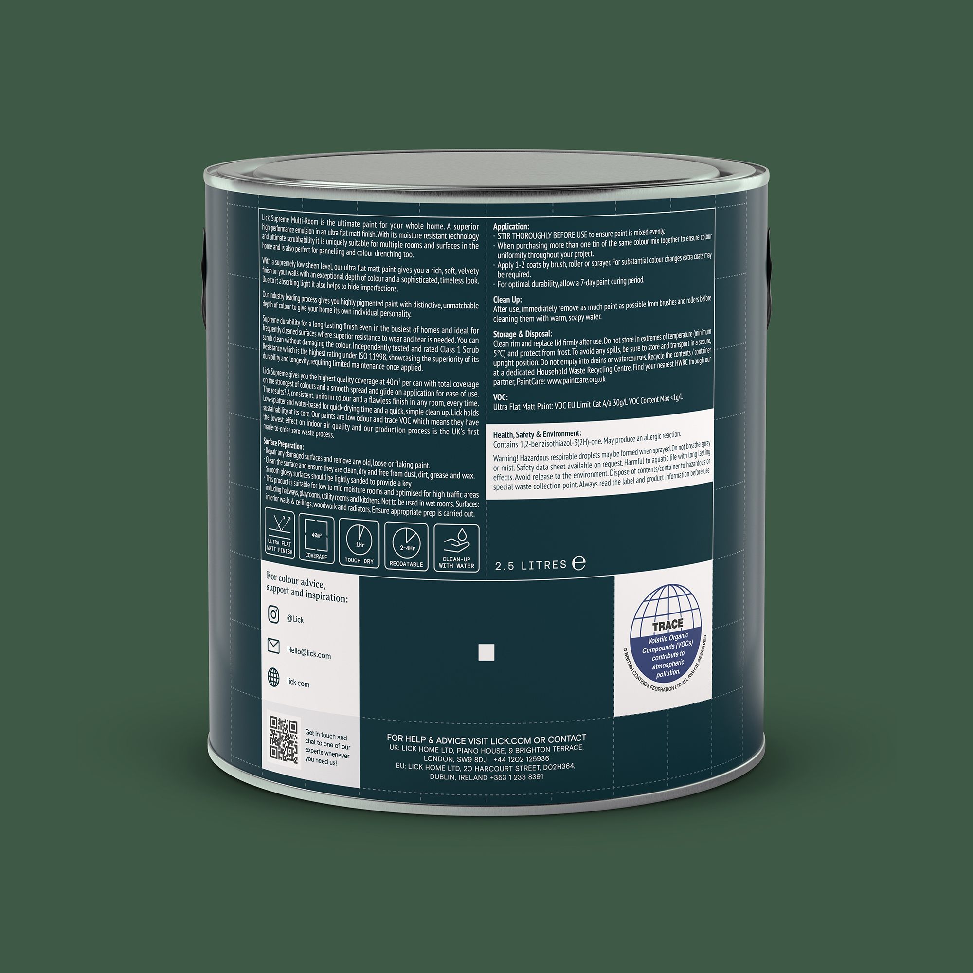 Lick Supreme Green 20 Flat matt Multi-surface Emulsion paint, 2.5L
