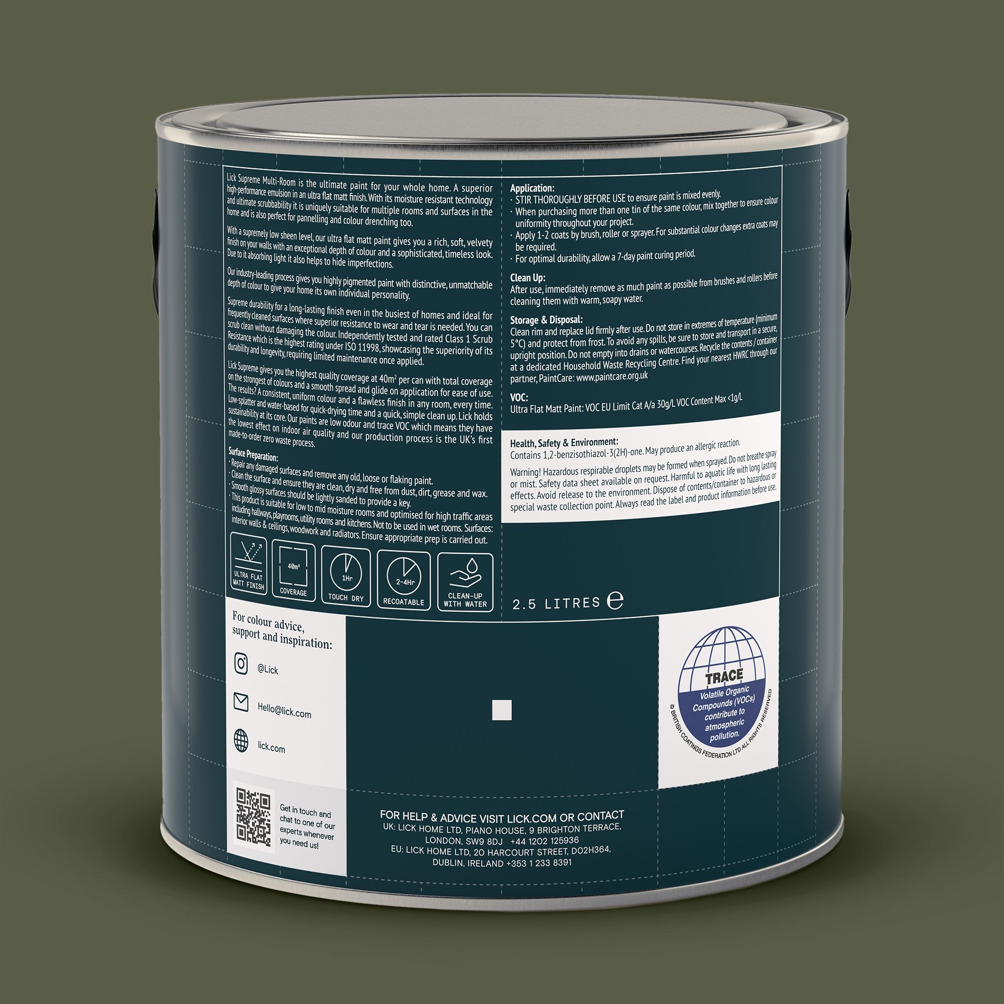 Lick Supreme Green 22 Flat matt Multi-surface Emulsion paint, 2.5L