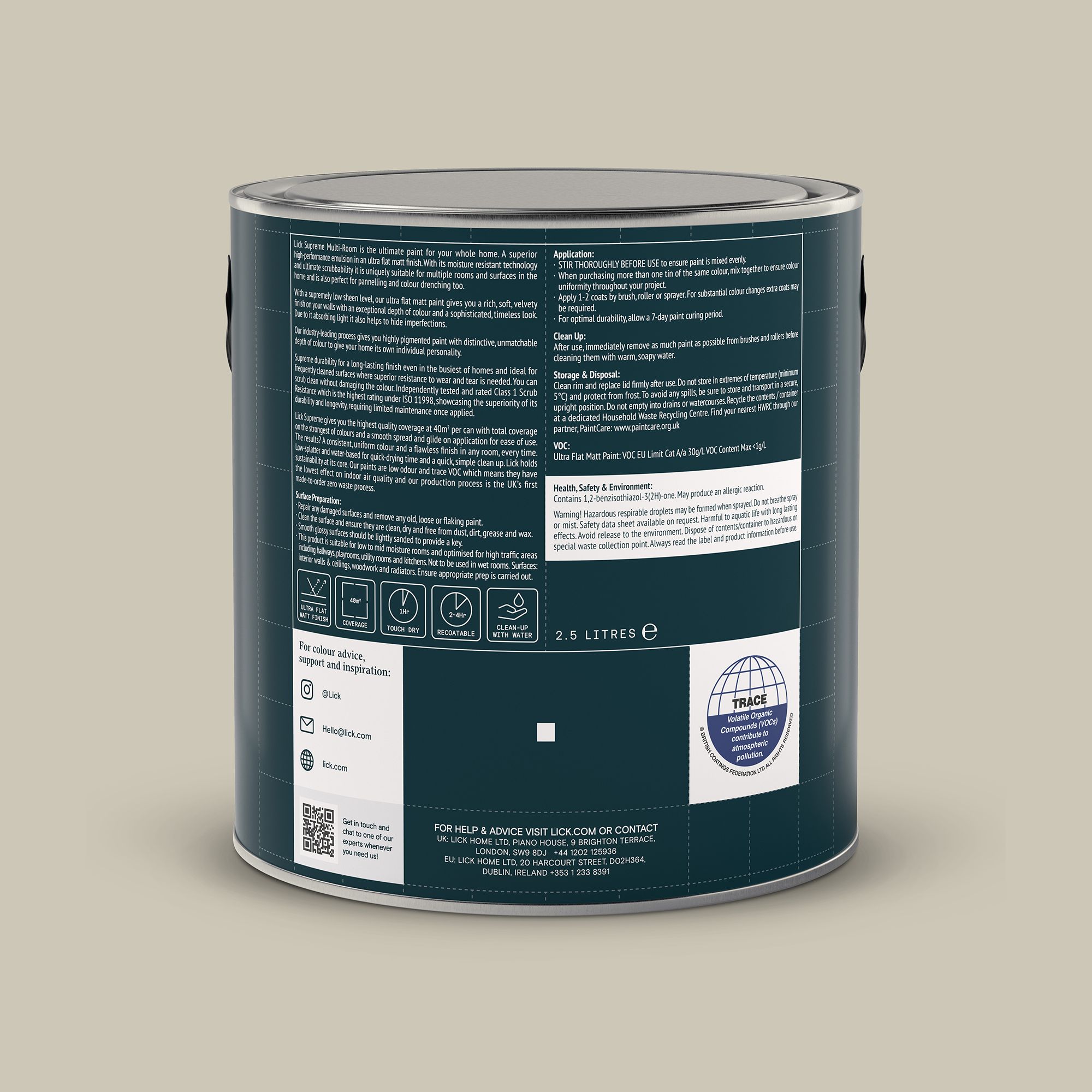 Lick Supreme Greige 02 Flat matt Multi-surface Emulsion paint, 2.5L