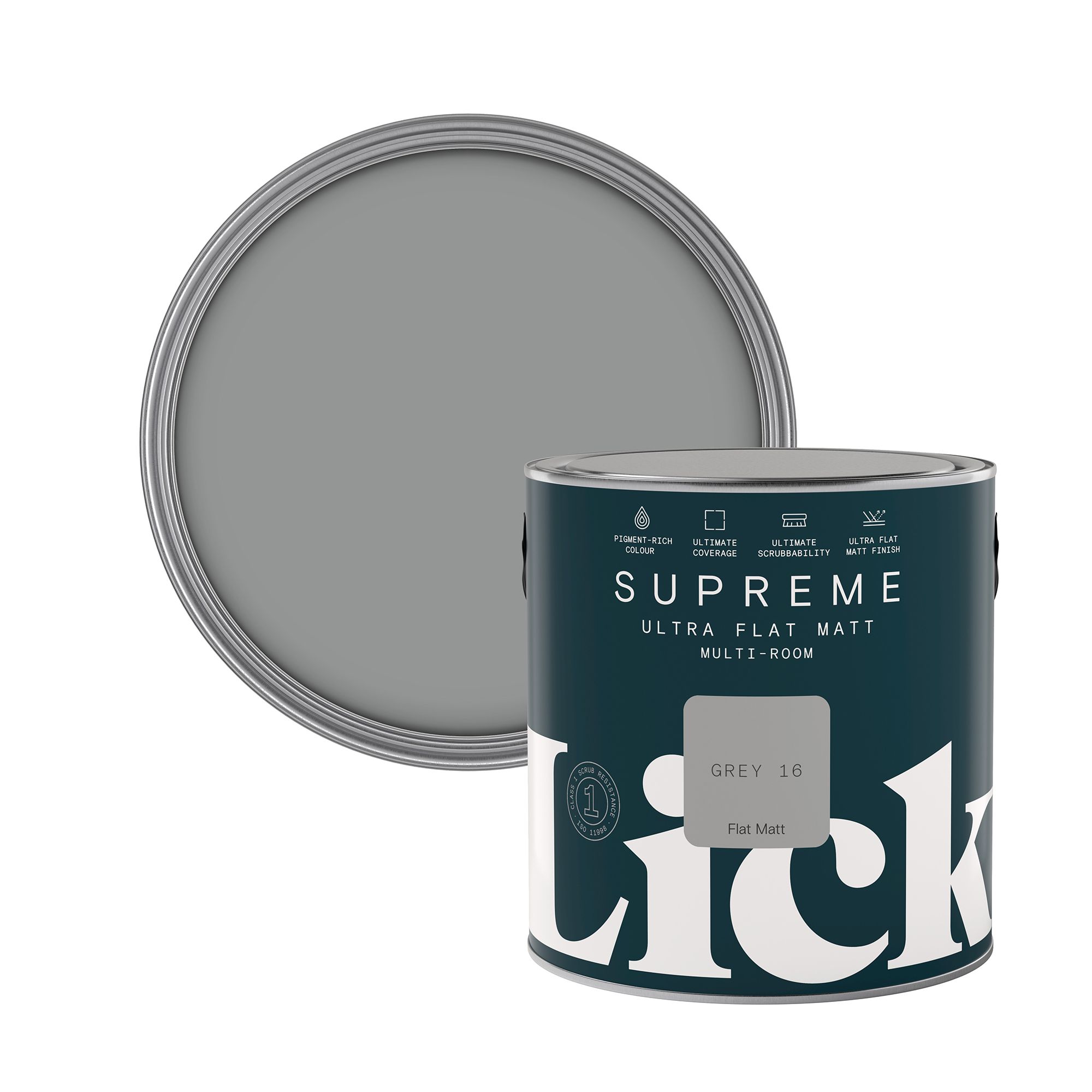 Lick Supreme Grey 16 Flat matt Multi-surface Emulsion paint, 2.5L
