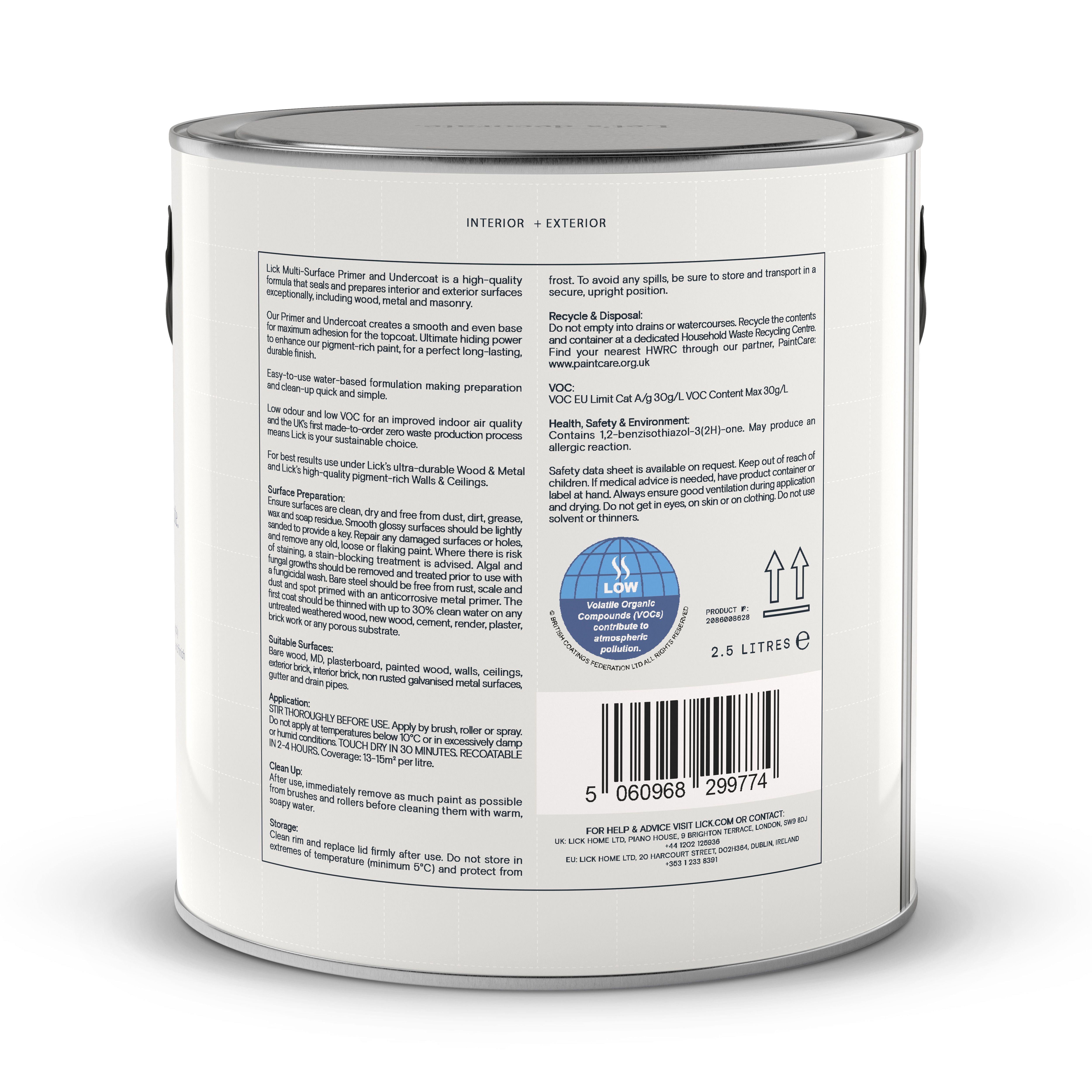 Lick White Multi-surface Non-magnetic Primer & undercoat, 2.5L