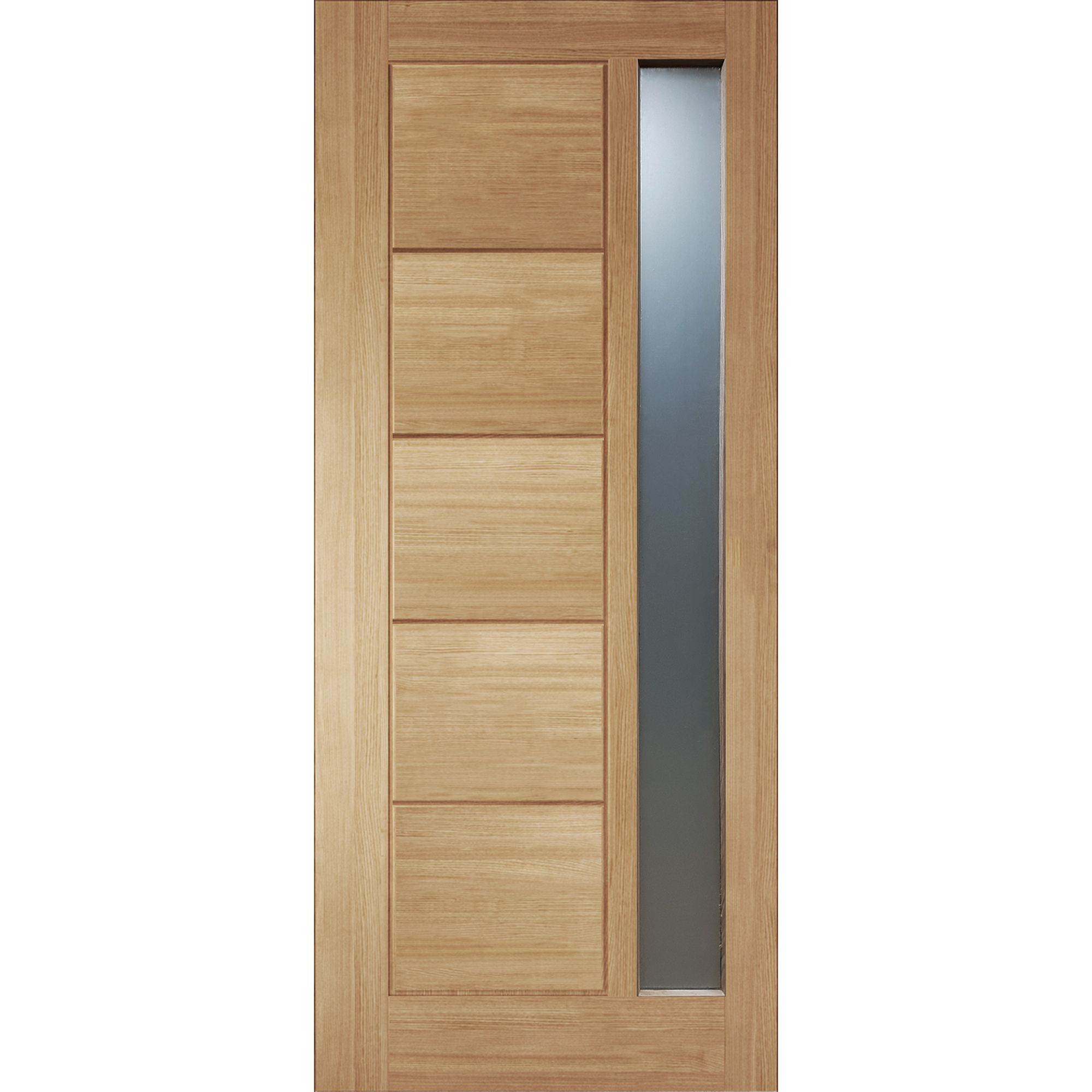 Linear 5 panel Frosted glass Obscure Glazed Modern White oak veneer Swinging External Front Door, (H)1981mm (W)838mm