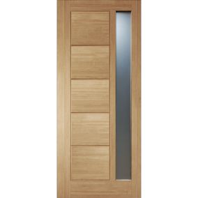 Linear 5 panel Frosted glass Obscure White oak veneer Swinging External Front Door, (H)2032mm (W)813mm