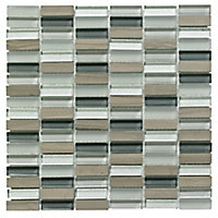 Linear Grey Gloss Glass & stone Mosaic tile, (L)300mm (W)300mm