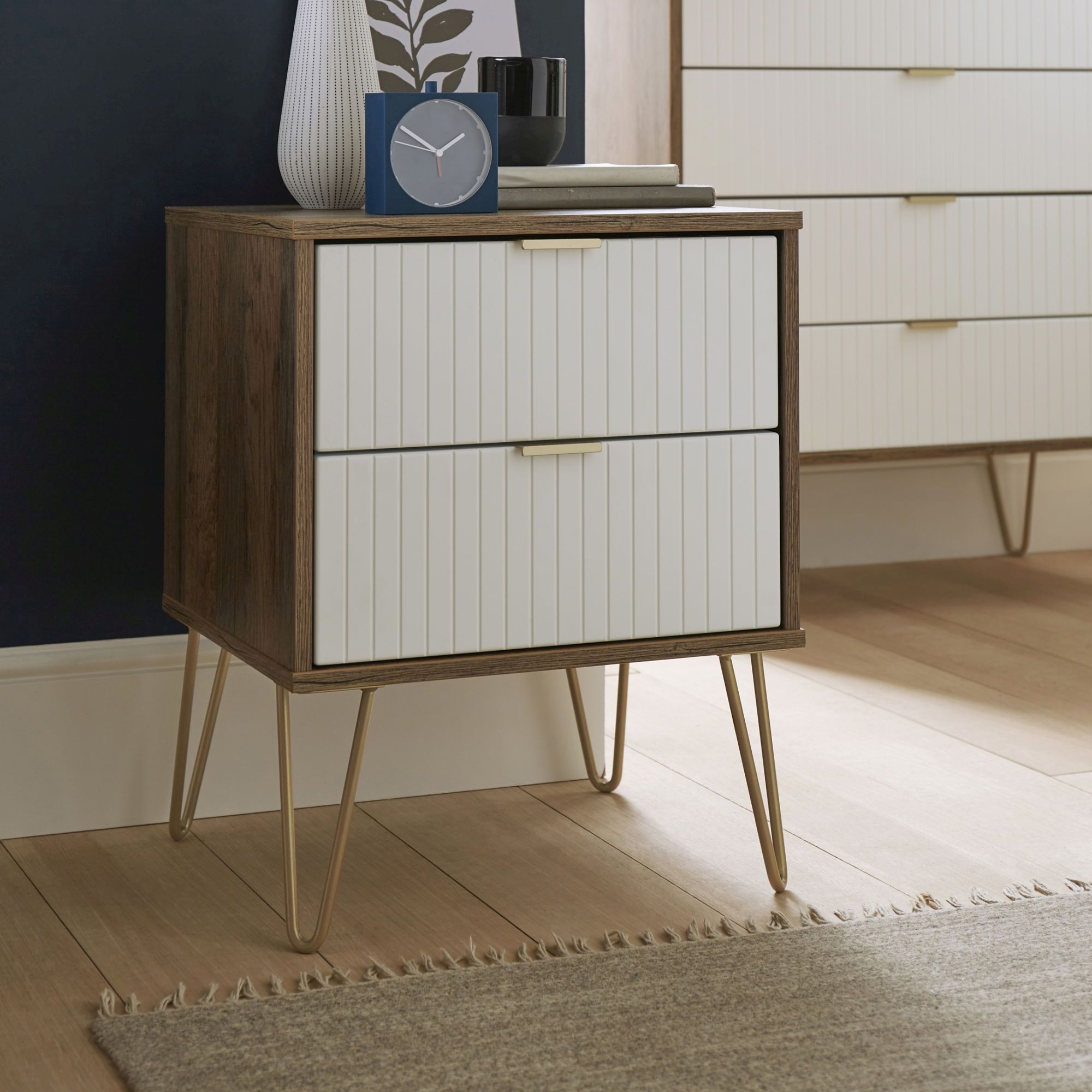 Linear Ready assembled Matt white dark oak effect 2 Drawer Bedside chest (H)505mm (W)395mm (D)415mm
