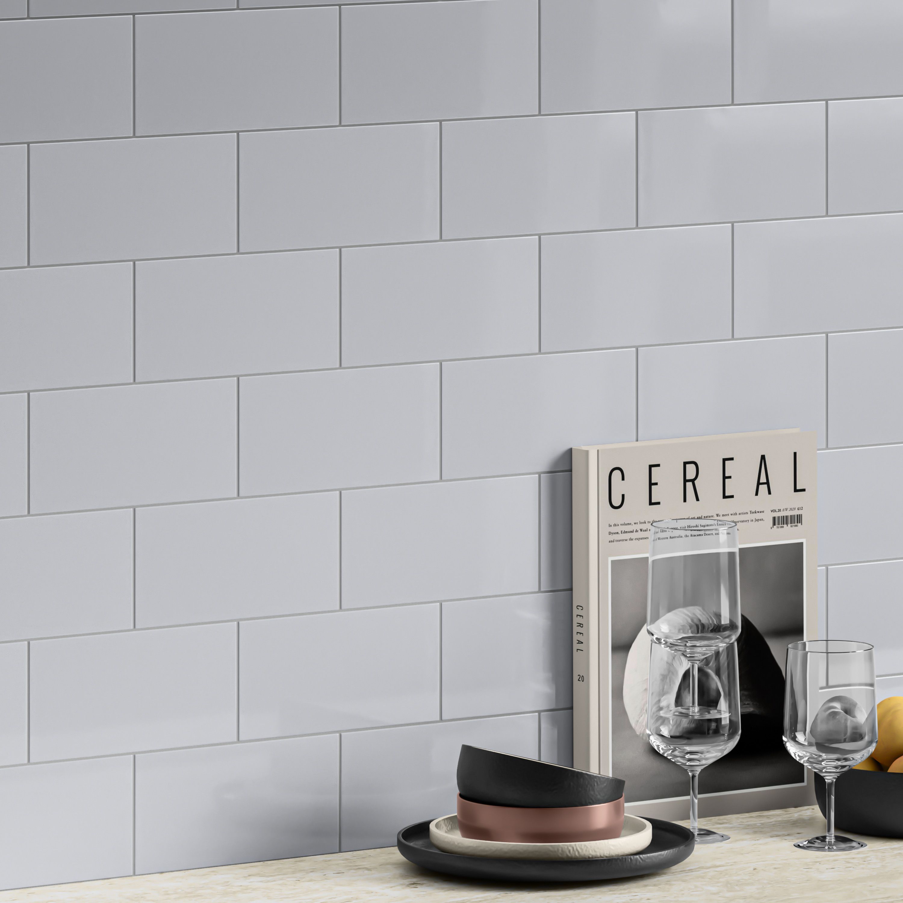 Lira Grey Gloss Flat Ceramic Indoor Wall Tile, Pack of 50, (L)200mm (W)100mm