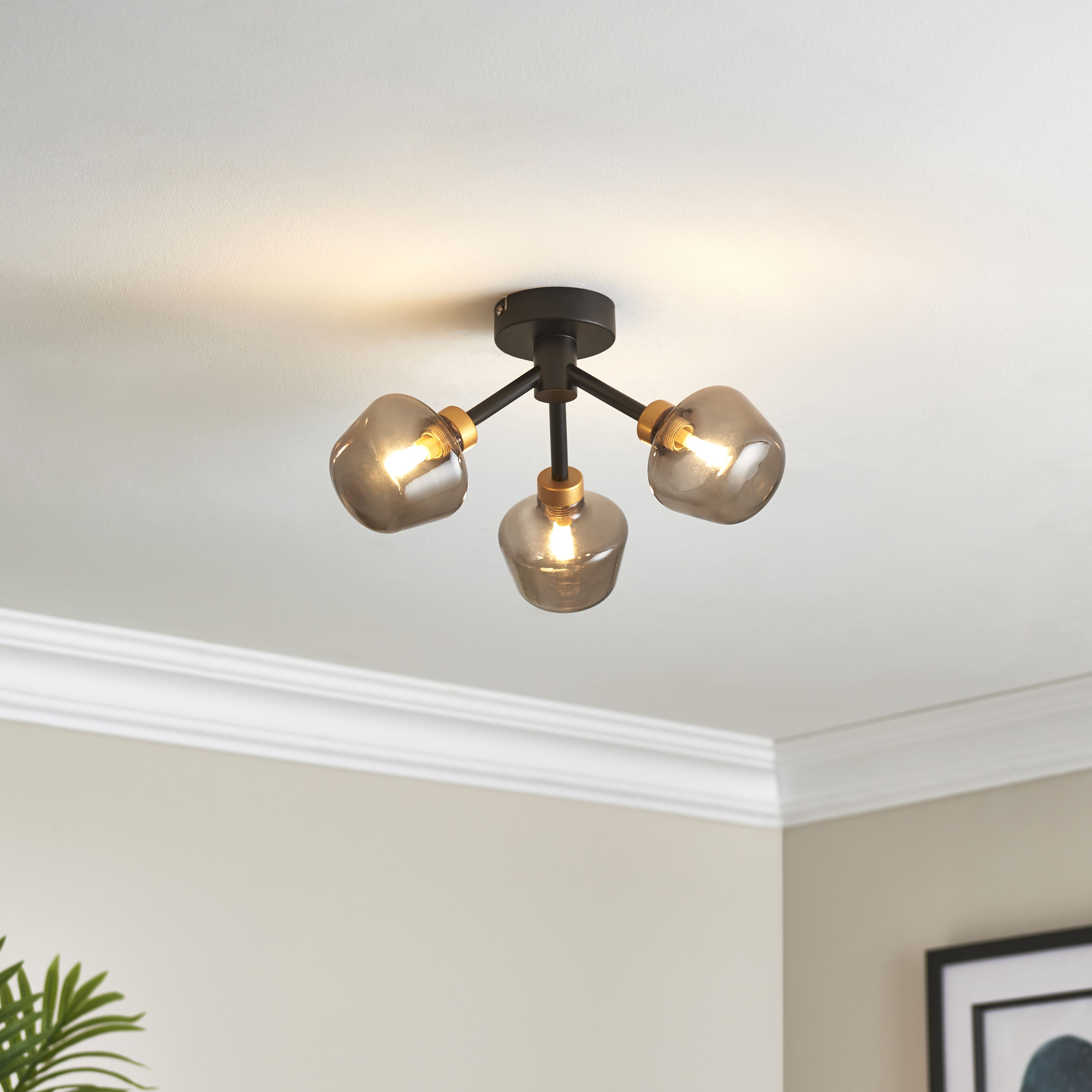 Lockie Matt Glass & steel Black 3 Lamp LED Ceiling light