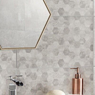 Lofthouse Hex Steel Matt 3D Concrete effect Ceramic Indoor Wall Tile, Pack of 6, (L)498mm (W)298mm